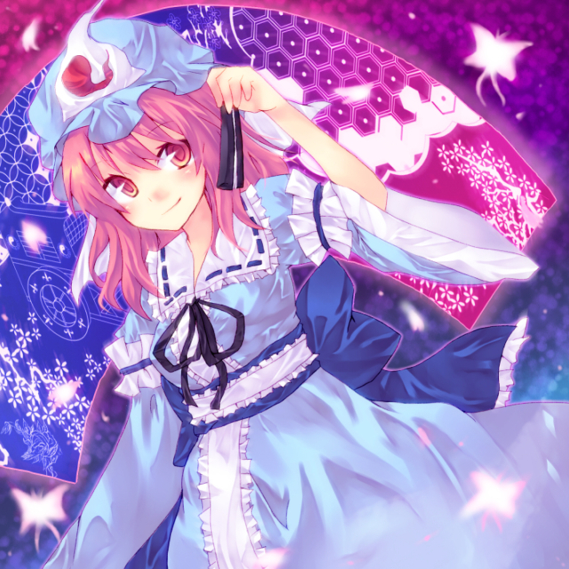 nonaka, saigyouji yuyuko, touhou, bad id, bad pixiv id, 1girl, bug, butterfly, female focus, goshoguruma, hand fan, hat, pink hair, red eyes, saigyouji yuyuko's fan design, shippou (pattern), short hair, solo