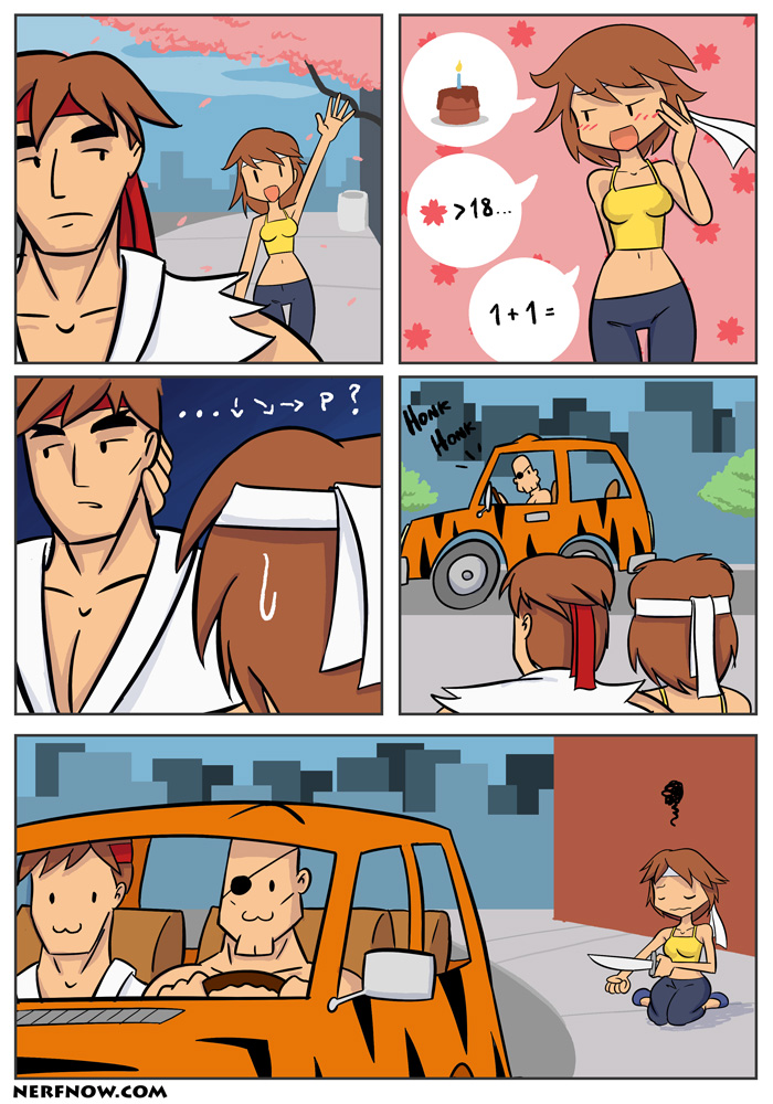 josue pereira, kasugano sakura, sagat, street fighter, ryuu (street fighter), vehicle, :3, bad end, cake, car, cherry blossoms, comic, food, headband, honk honk (meme), knife, motor vehicle, pastry, ryu, silent comic, suicide, wrist cutting