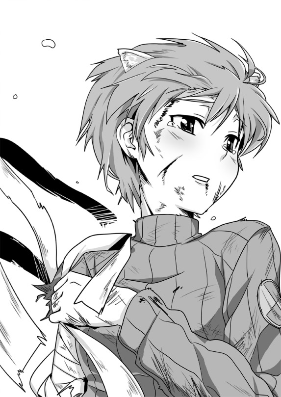 ningen (ningen96), nikka edvardine katajainen, brave witches, strike witches, world witches series, uniform, bad id, bad pixiv id, 00s, 10s, 1girl, animal ears, bandages, blood, female focus, greyscale, monochrome, short hair, solo, torn clothes, weasel ears