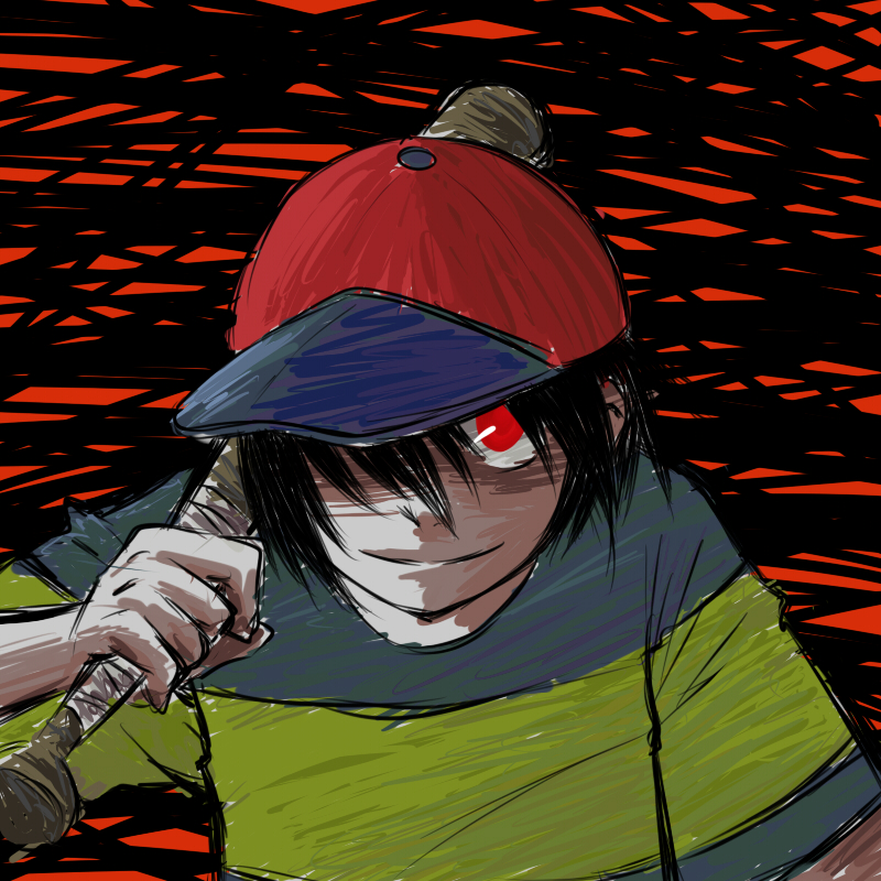 ogatarou51, ness (mother 2), mother (series), mother 2, nintendo, 1boy, baseball bat, child, hair over one eye, hat, male focus, red eyes, shirt, solo, striped clothes, striped shirt
