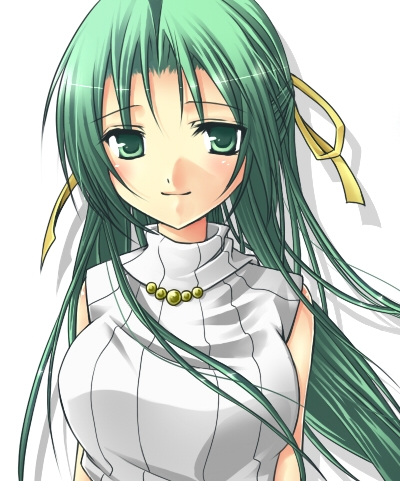 mizuki riyu, sonozaki shion, higurashi no naku koro ni, cropped, lowres, non-web source, 00s, 1girl, female focus, green eyes, green hair, hair ribbon, half updo, long hair, matching hair/eyes, ribbon, sleeveless, sleeveless turtleneck, smile, solo, turtleneck