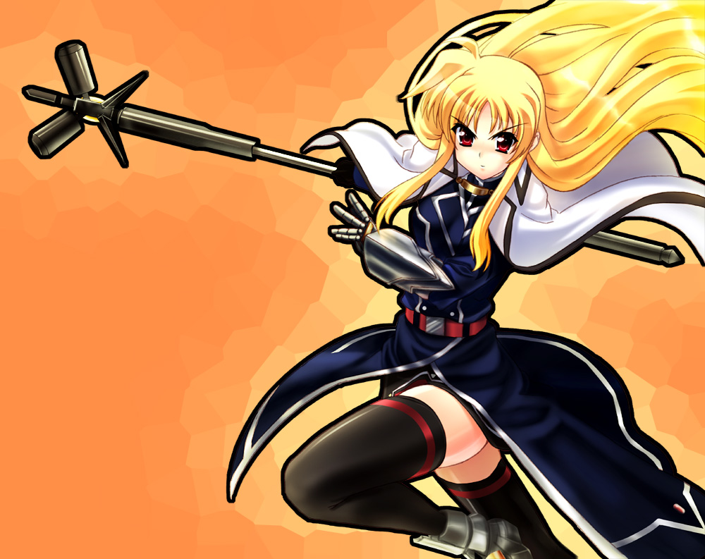 iga tamaki, bardiche (assault form) (nanoha), bardiche (nanoha), fate testarossa, fate testarossa (impulse form), lyrical nanoha, mahou shoujo lyrical nanoha, mahou shoujo lyrical nanoha strikers, 00s, 1girl, blonde hair, female focus, gloves, long hair, red eyes, ribbon, solo, thighhighs, twintails, very long hair