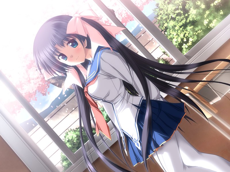 sakuragi konoha, haruiro ouse, game cg, non-web source, 1girl, black hair, dutch angle, female focus, long hair, pantyhose, school uniform, serafuku, solo, twintails, white pantyhose