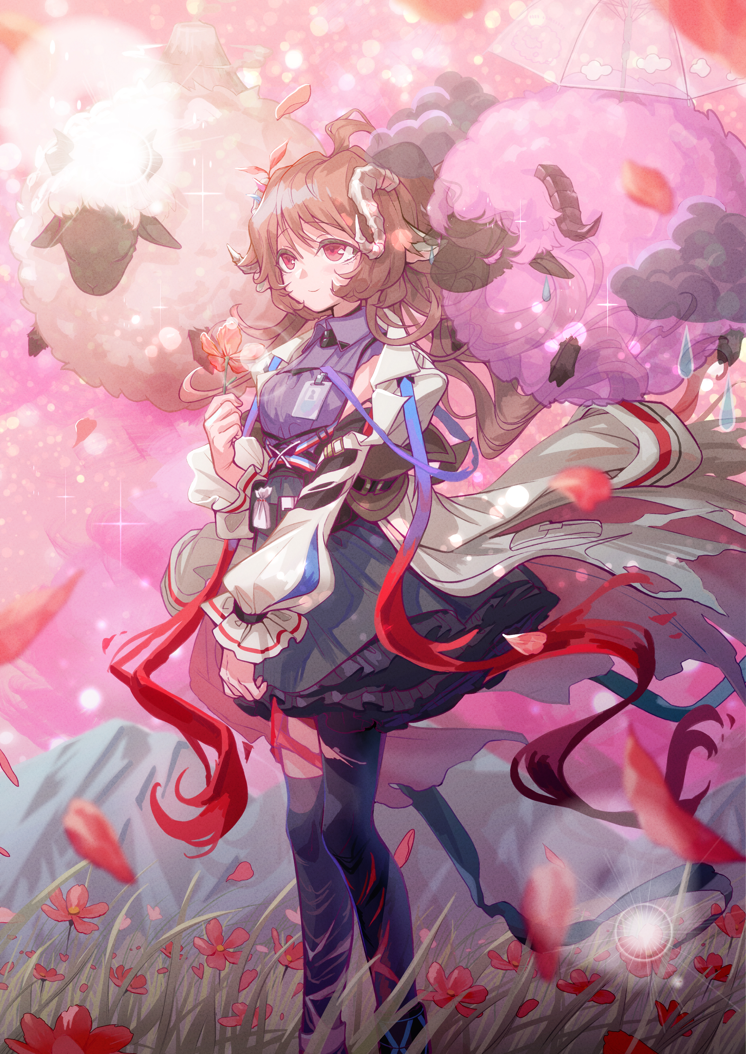 matsuba (mtbsbr721), eyjafjalla (arknights), arknights, absurdres, commentary, commentary request, english commentary, highres, mixed-language commentary, partial commentary, 1girl, animal, animal ears, asymmetrical legwear, black pantyhose, black skirt, black thighhighs, brown hair, coat, collared shirt, curled horns, feet out of frame, flower, holding, holding flower, horns, long hair, long sleeves, outdoors, pantyhose, petals, pink eyes, purple shirt, red flower, sheep, sheep ears, sheep girl, sheep horns, shirt, single leg pantyhose, single thighhigh, skirt, solo, standing, thighhighs, uneven legwear, white coat, white horns, wind