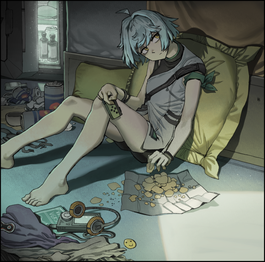 chickenapple33, g11 (girls' frontline), mechty (girls' frontline 2), girls' frontline, girls' frontline 2: exilium, commentary, 1girl, barefoot, can, chips (food), closed eyes, elmo dormitory outfit, food, full body, grey hair, hair between eyes, headphones, looking at viewer, on floor, pillow, potato chips, shadow, short hair, sitting, smiley face, yellow background