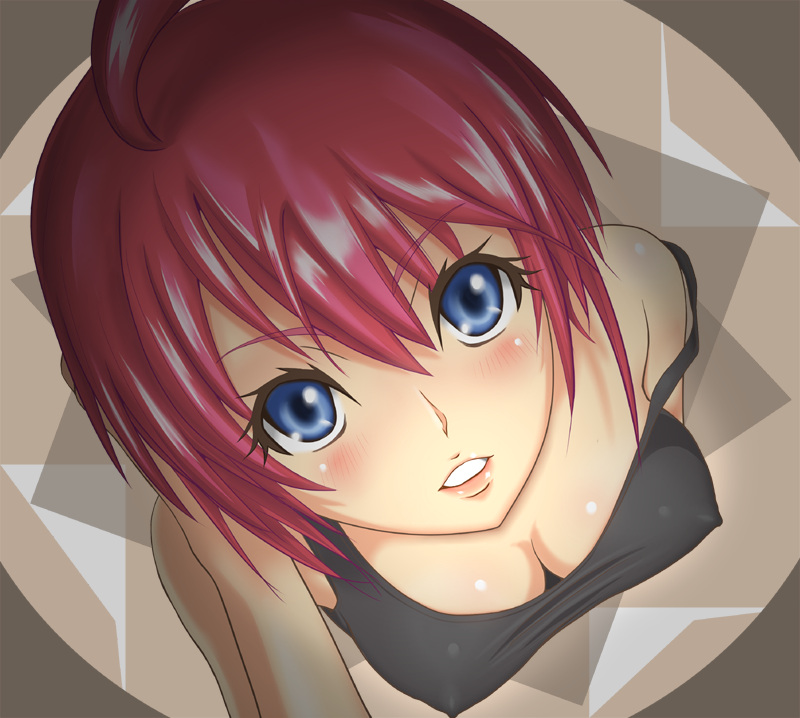 hyper heiki, taono kinoko, lunamaria hawke, gundam, gundam seed, gundam seed destiny, 00s, 1girl, blue eyes, blush, breasts, cleavage, covered erect nipples, downblouse, female focus, from above, pink hair, short hair, solo