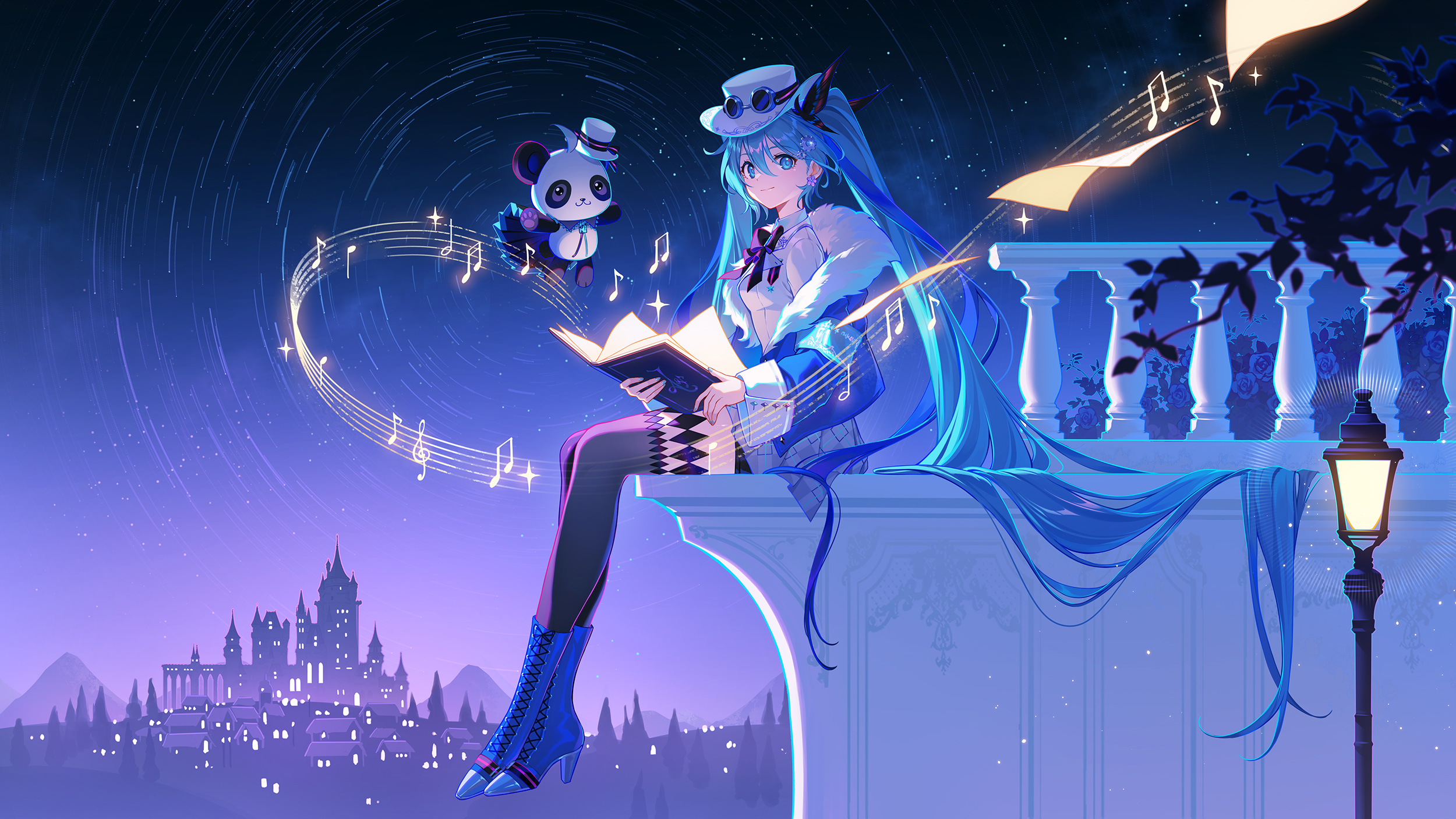panpanmeiyou hp, hatsune miku, miku with you (vocaloid), vocaloid, highres, 1girl, 1other, aqua eyes, aqua hair, black thighhighs, blue coat, book, closed mouth, coat, fur-trimmed coat, fur trim, hat, holding, holding book, lamppost, long hair, long sleeves, looking at viewer, mini hat, mini top hat, musical note, musical staff, night, night sky, outdoors, panda, sitting, sky, thighhighs, top hat, twintails, very long hair, white hat
