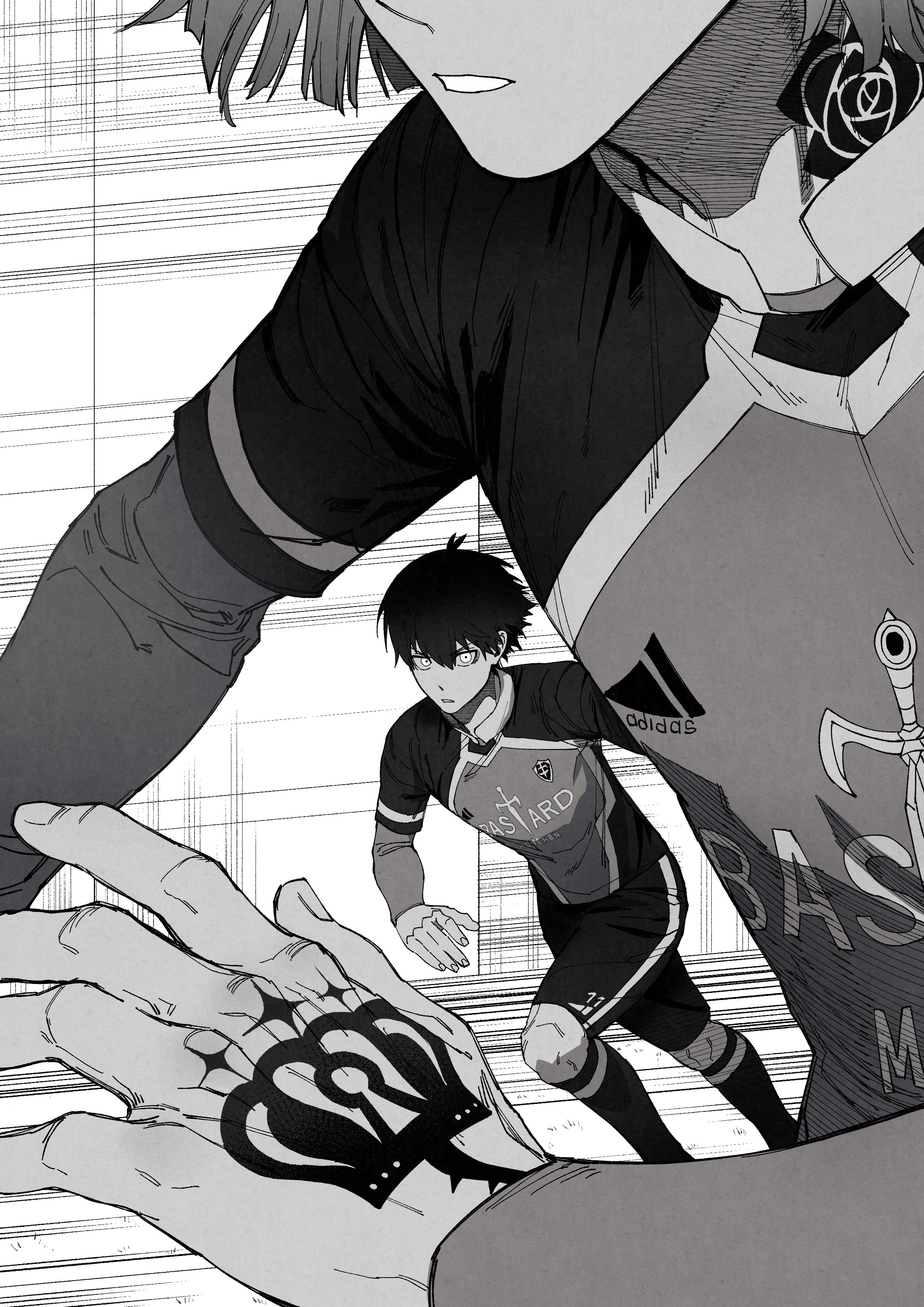 isagi yoichi, michael kaiser, blue lock, absurdres, highres, 2boys, bastard munchen soccer uniform, crown tattoo, flower tattoo, greyscale, hand tattoo, kneehighs, male focus, monochrome, motion lines, multiple boys, neck tattoo, rrck, running, shorts, soccer, soccer uniform, socks, sportswear, tattoo