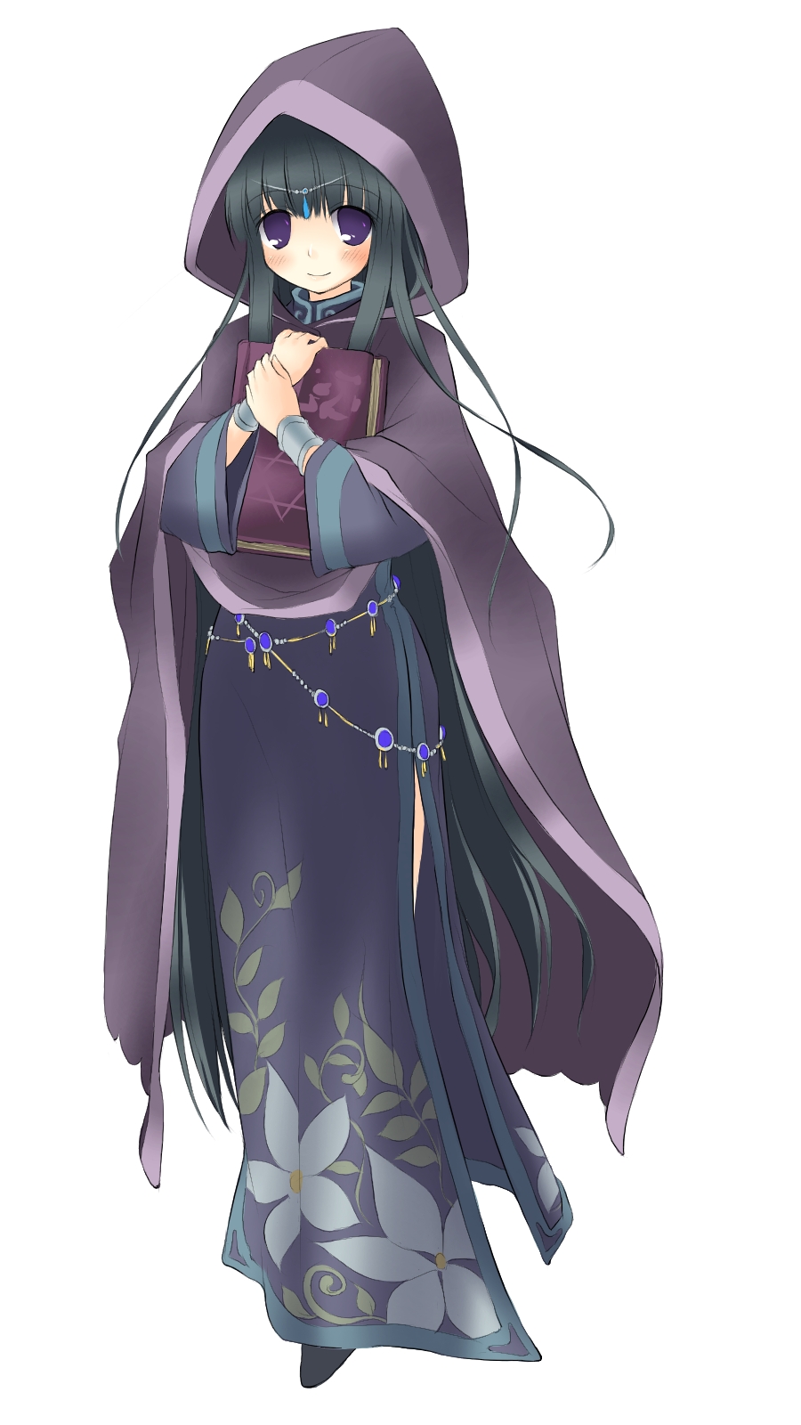 sakura ebi, sakurano miya, golden lore, bad id, bad pixiv id, highres, black hair, book, hexagram, hood, long hair, purple hair, robe, simple background, solo, very long hair