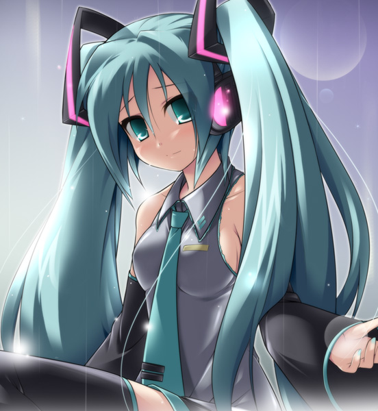 katami shinta, hatsune miku, vocaloid, aqua eyes, aqua hair, detached sleeves, long hair, necktie, skirt, solo, thighhighs, twintails, very long hair, zettai ryouiki