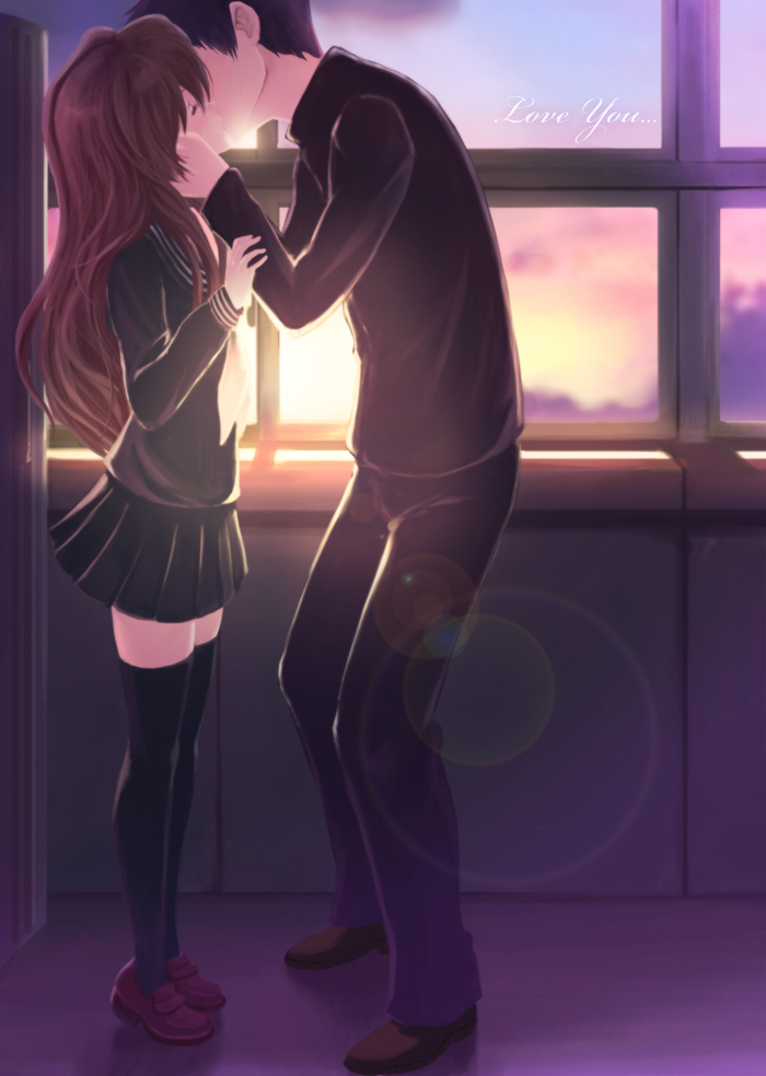 cloverpeia, aisaka taiga, takasu ryuuji, toradora!, spoilers, 00s, 1boy, 1girl, black serafuku, couple, hetero, kiss, lens flare, long hair, school uniform, serafuku, sunset, thighhighs, thighs, zettai ryouiki