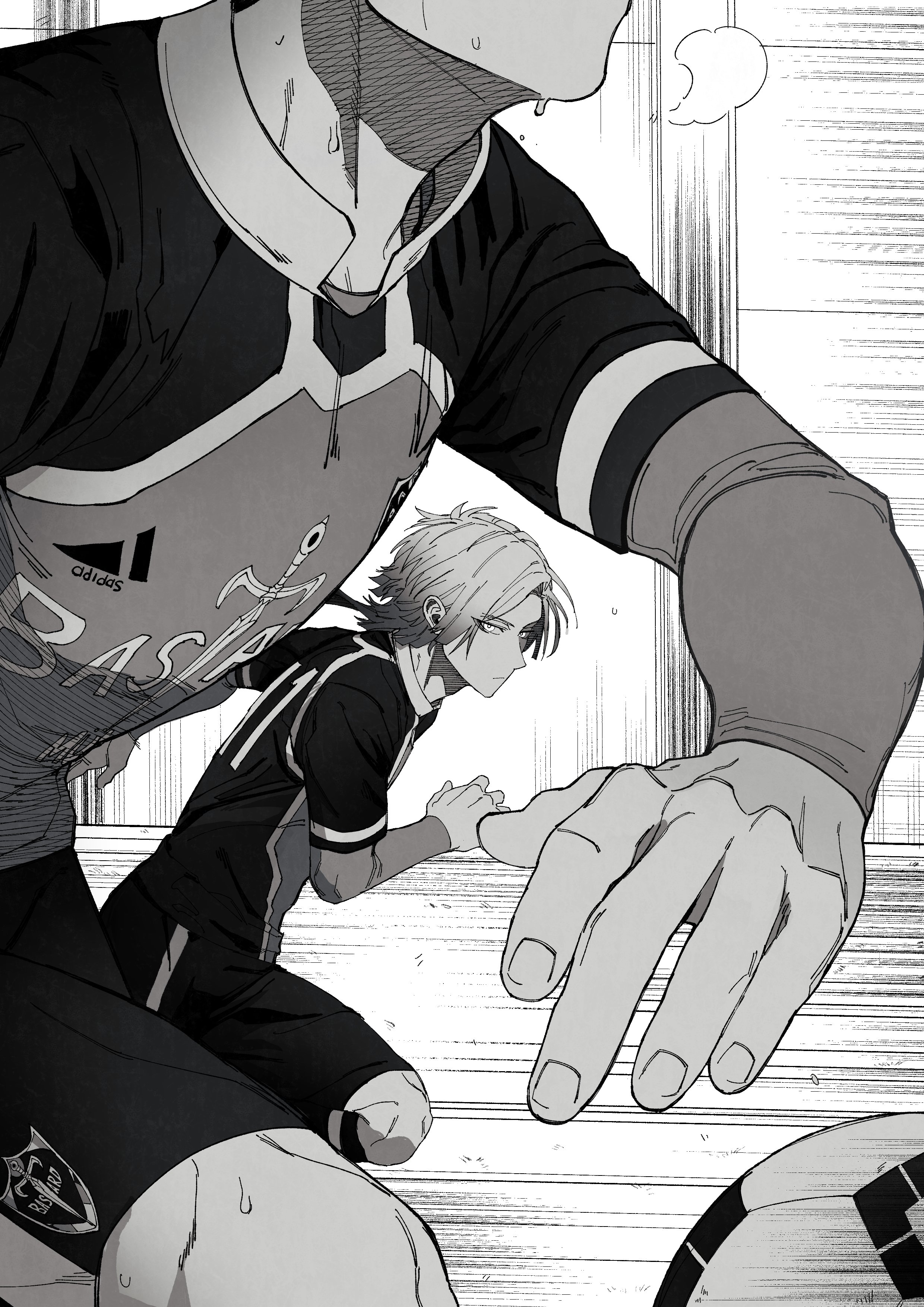 isagi yoichi, michael kaiser, blue lock, absurdres, highres, 2boys, ball, bastard munchen soccer uniform, greyscale, looking at another, male focus, monochrome, motion lines, multiple boys, rrck, running, short hair with long locks, soccer, soccer ball, soccer uniform, sportswear, sweat