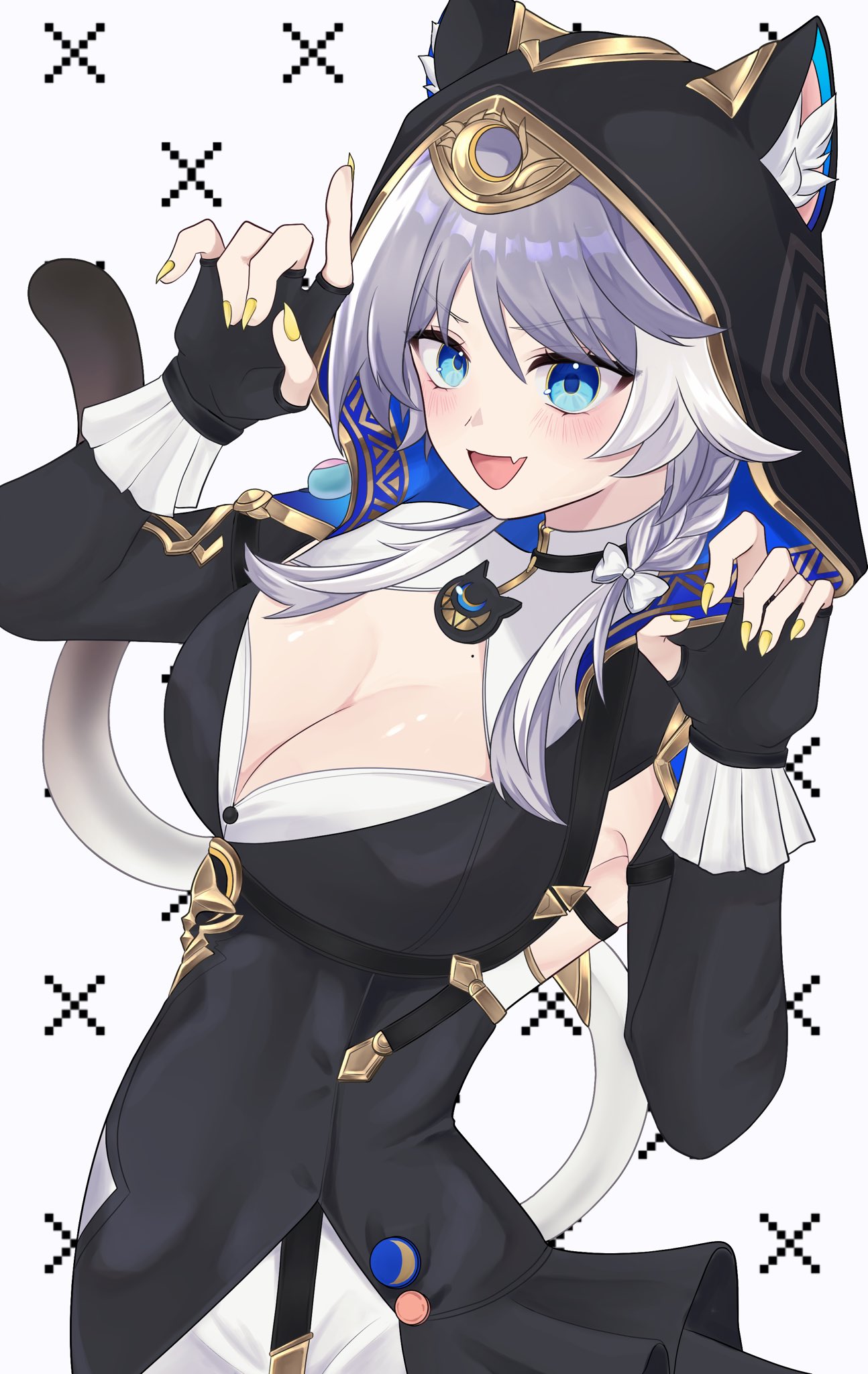 honkai: star rail, honkai (series), highres, 1girl, animal ears, black dress, blue eyes, blush, braid, breasts, cat ears, cat girl, cat tail, cleavage, dress, fang, grey hair, hood, hoodie, large breasts, looking at viewer, paw pose, solo, tail, u7 u7u, yellow nails