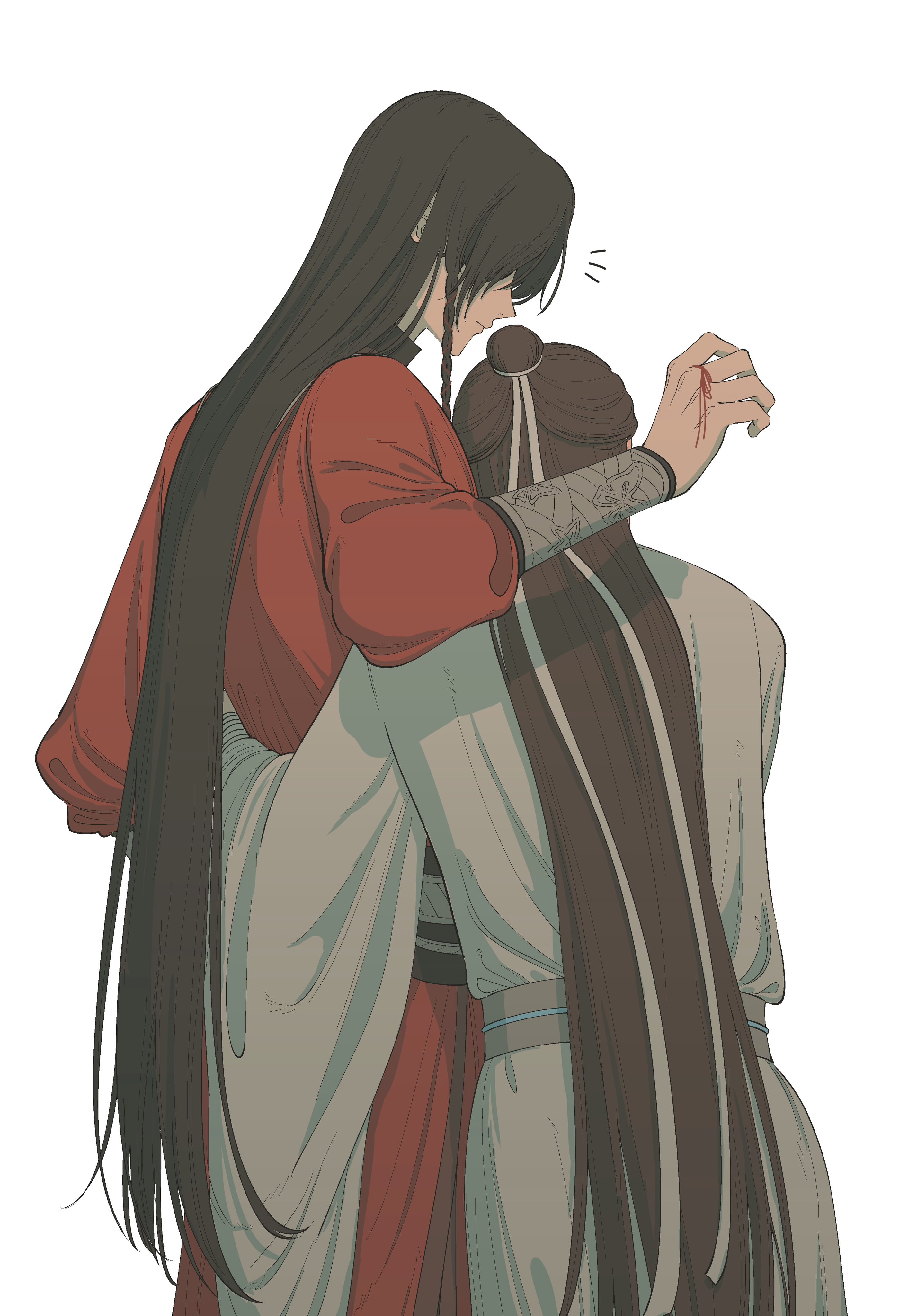 hua cheng, xie lian, tianguan cifu, absurdres, highres, 2boys, bandaged wrist, bandages, belt, black hair, blush, bracelet, braid, brown hair, chinese clothes, closed mouth, ear blush, eyepatch, facing away, from behind, hair bun, hair ribbon, hand on another's back, hands up, hanfu, hatoponopo, head on chest, height difference, hug, hug from behind, implied yaoi, jewelry, long hair, long sleeves, looking at another, looking down, male focus, multiple boys, notice lines, nuzzle, profile, puffy long sleeves, puffy sleeves, red hanfu, red ribbon, ribbon, ribbon braid, serious, shadow, short braid, side slit, silver belt, silver bracelet, simple background, single braid, single hair bun, standing, straight hair, string, string around finger, string of fate, surprised, swept bangs, upper body, very long hair, white background, white hanfu, white ribbon, wide sleeves