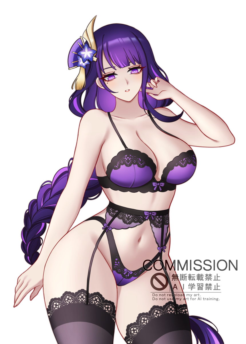 charlie purrito, raiden shogun, genshin impact, commentary, commission, english commentary, highres, 1girl, black thighhighs, bow, bow bra, bow panties, bra, braid, braided ponytail, breasts, collarbone, cowboy shot, garter belt, garter straps, hair ornament, lace, lace-trimmed bra, lace-trimmed thighhighs, lace trim, large breasts, linea alba, long hair, looking at viewer, mole, mole under eye, navel, panties, parted lips, purple bra, purple eyes, purple hair, purple panties, simple background, single braid, solo, thighhighs, underwear, very long hair, watermark, white background