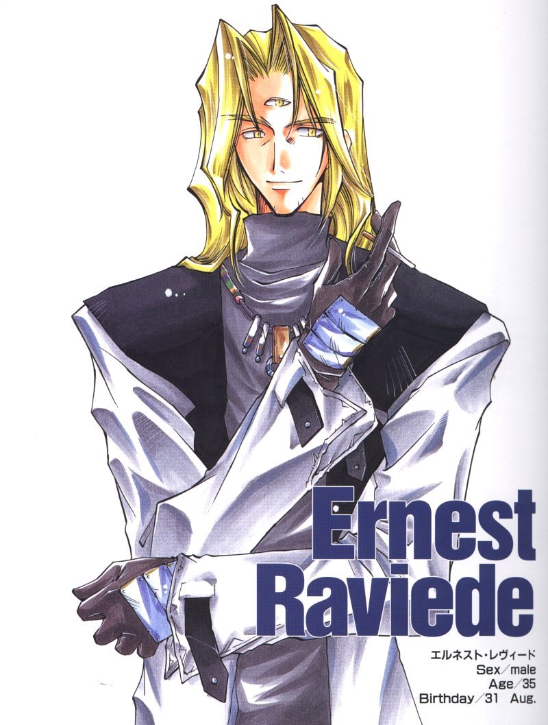 azuma mayumi, ernest raviede, star ocean, star ocean: the second story, star ocean ex, scan, 00s, 1990s (style), 1boy, blonde hair, character name, cloak, gloves, male focus, retro artstyle, solo, yellow eyes