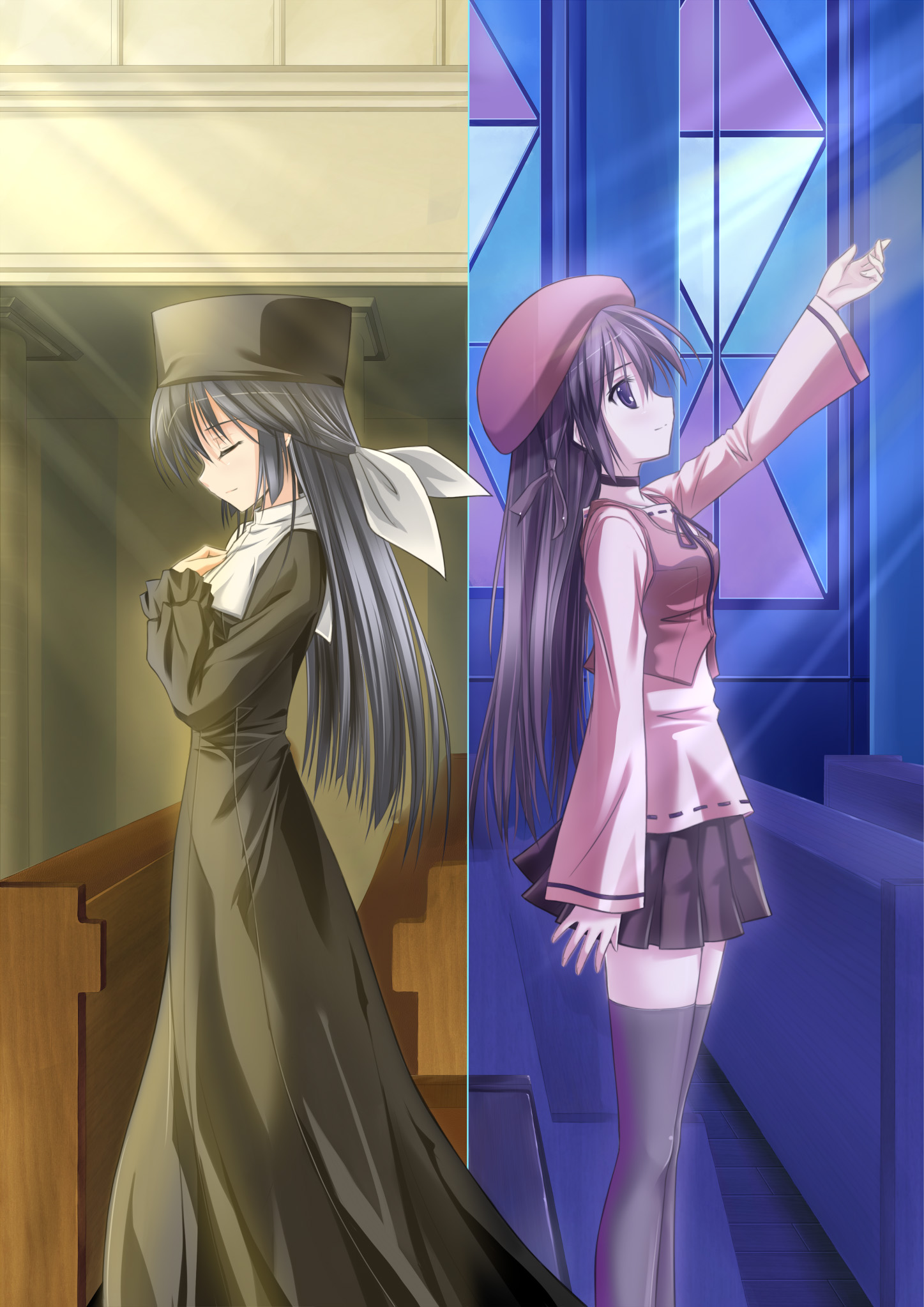 zero saber, amamiya yuuko, shihou matsuri, ef (visual novel), sola, bad id, bad pixiv id, highres, 00s, 2girls, blue hair, church, closed eyes, creator connection, crossover, hat, long hair, multiple girls, pew, purple eyes, purple hair, skirt, thighhighs, zettai ryouiki