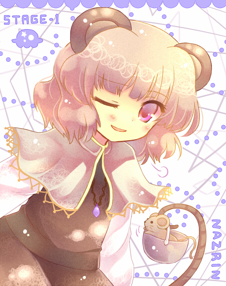 23, 23 (candy chapus), nazrin, touhou, 1girl, animal ears, basket, female focus, grey hair, jewelry, mouse (animal), mouse ears, mouse tail, pendant, red eyes, short hair, solo, tail