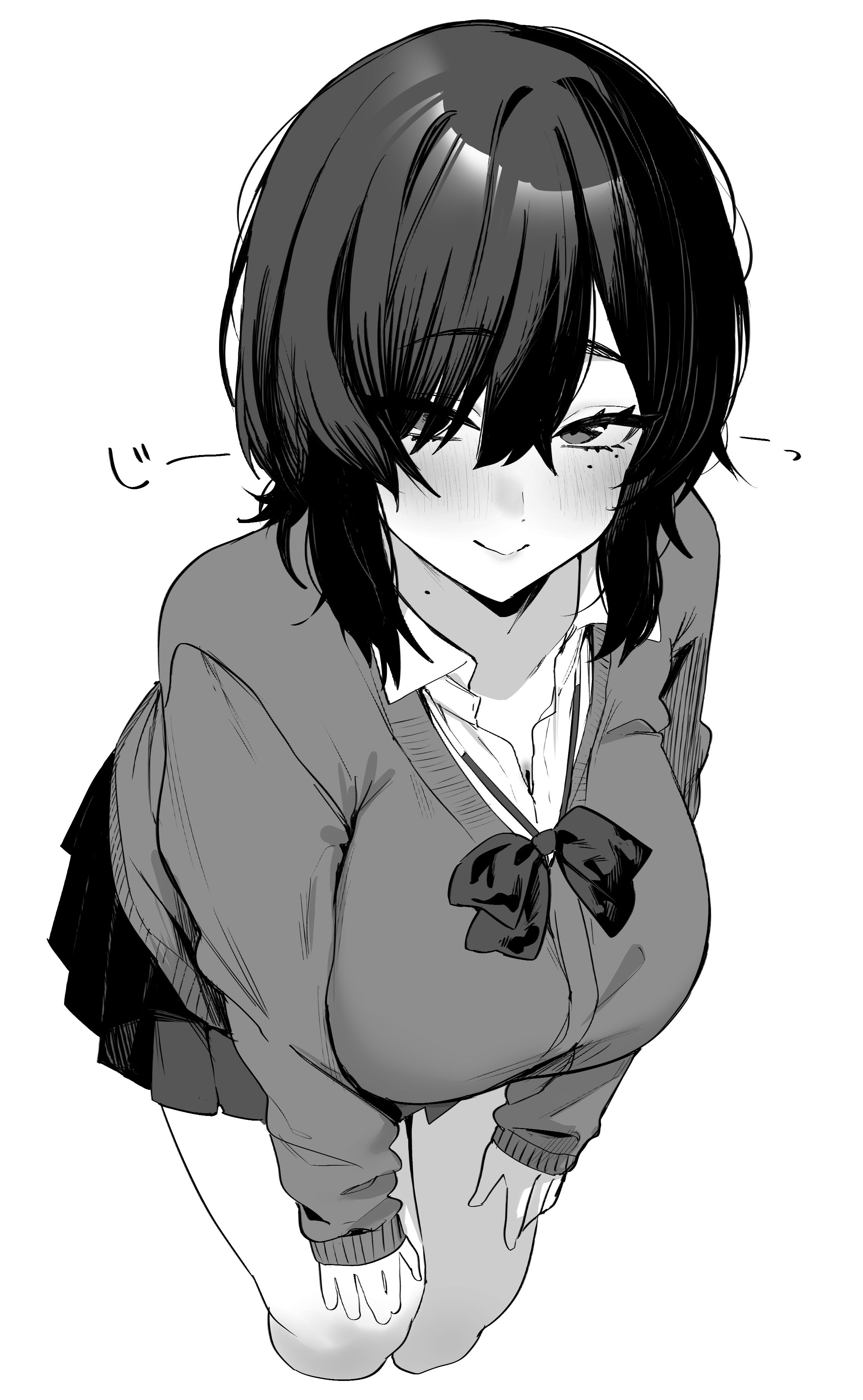 hotate-chan, original, absurdres, highres, 1girl, blush, bow, bowtie, breasts, cardigan, closed mouth, collared shirt, greyscale, hair over one eye, leaning forward, looking at viewer, medium hair, mole, mole under eye, monochrome, pleated skirt, shirt, simple background, skirt, smile, solo, white background