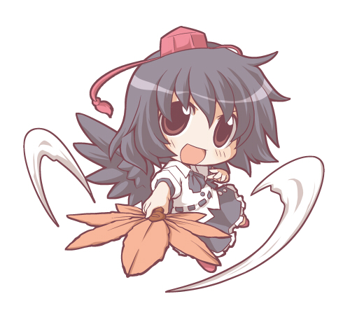 nekoguruma, shameimaru aya, touhou, lowres, 1girl, black wings, blush, chibi, female focus, hand fan, hat, looking at viewer, open mouth, smile, solo, tokin hat, wings