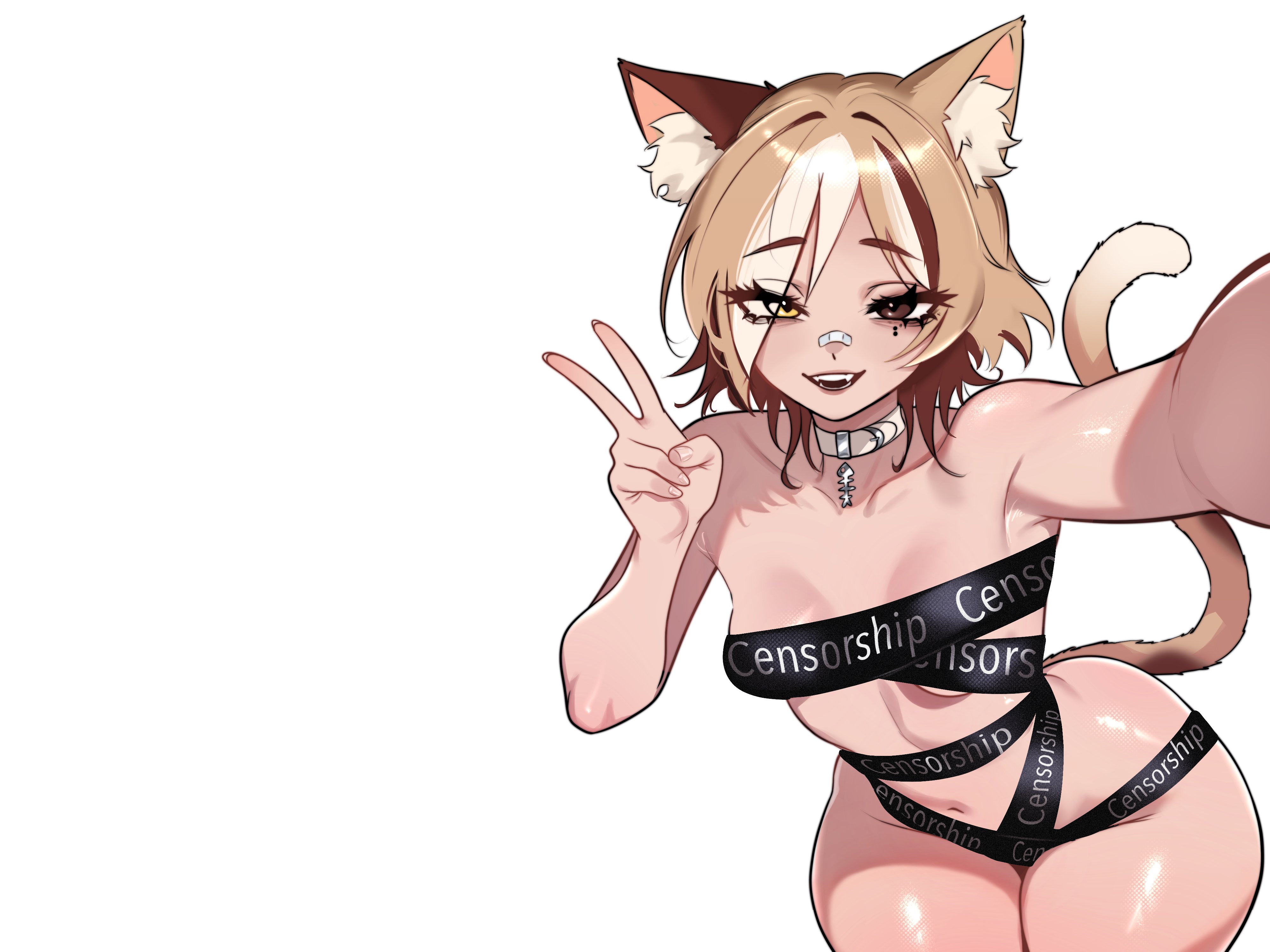 adramallih, original, absurdres, commentary, english commentary, highres, paid reward available, 1girl, animal ear fluff, animal ears, arm out of frame, bandages, bandaid, bandaid on face, bandaid on nose, breasts, brown eyes, brown hair, brown streaks, cat ears, cat girl, cat tail, censored, collar, collarbone, cowboy shot, double-parted bangs, hand up, heterochromia, leaning forward, looking at viewer, mao (adramallih), mole, mole under eye, multicolored hair, naked bandage, navel, open mouth, selfie, short hair, simple background, small breasts, smile, solo, streaked hair, tail, thick thighs, thighs, v, white background, white collar, white streaks, yellow eyes