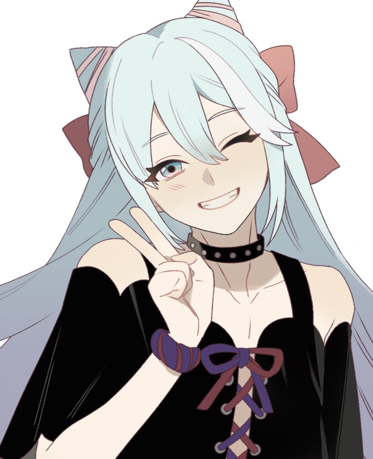 dr metagross, rosado (fire emblem), fire emblem, fire emblem engage, nintendo, commentary, english commentary, highres, 1boy, black collar, blue eyes, blue hair, bow, collar, double-parted bangs, hair bow, hair horns, head tilt, male focus, one eye closed, red bow, simple background, smile, solo, trap, upper body, v, white background