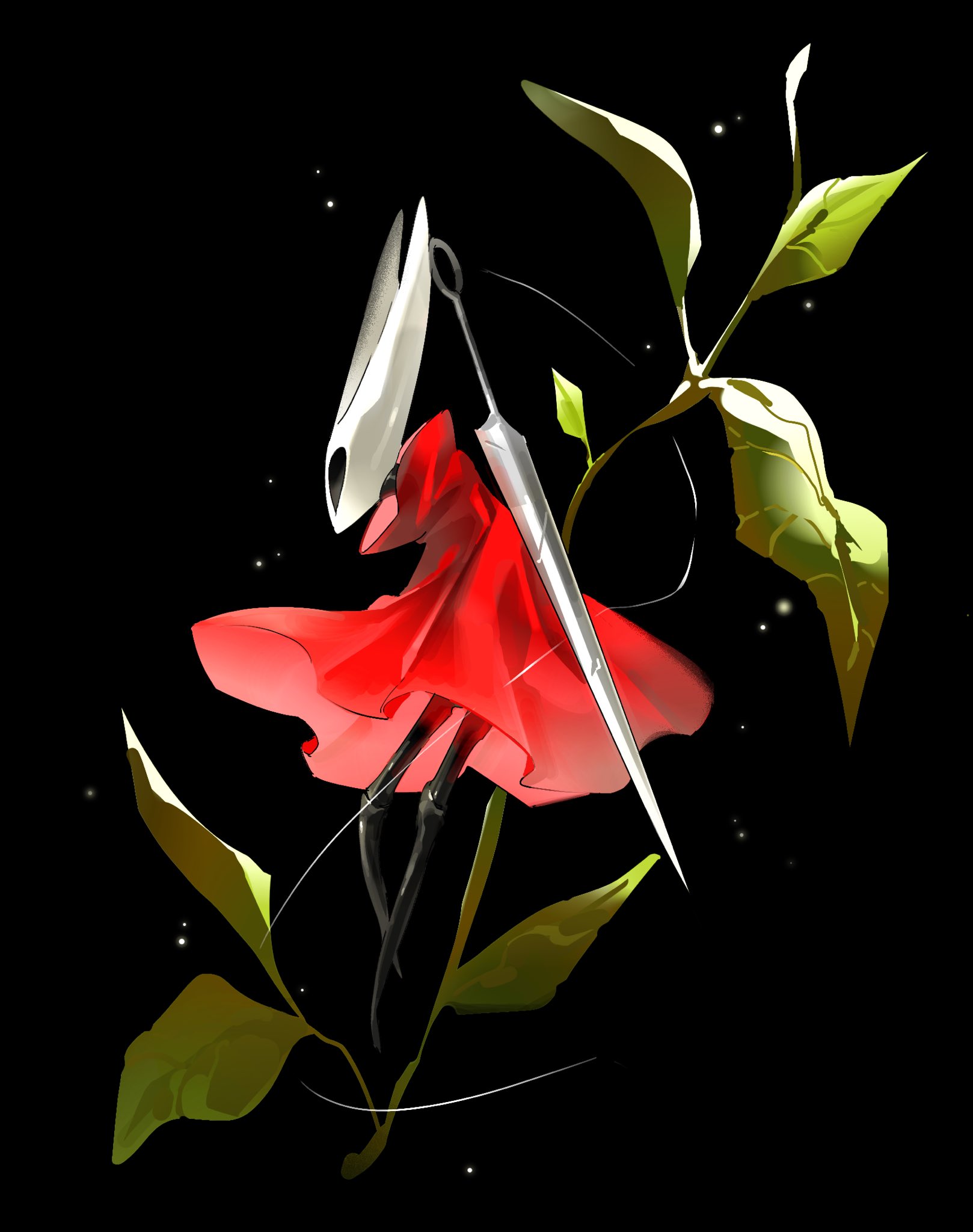 hk bb, hornet (hollow knight), hollow knight, hollow knight: silksong, highres, 1girl, arthropod girl, black background, black eyes, black skin, cloak, colored skin, full body, horns, looking ahead, plant, red cloak, silk, solo, standing, weapon, weapon on back