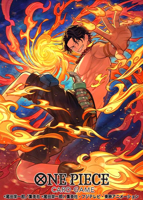 otton, portgas d. ace, one piece, one piece card game, commentary request, official art, 1boy, arm tattoo, black hair, black shorts, boots, bracelet, copyright name, devil fruit power, fire, freckles, jewelry, looking at viewer, male focus, necklace, orange sash, pearl necklace, pouch, short hair, shorts, smile, solo, tattoo, thigh pouch, topless male