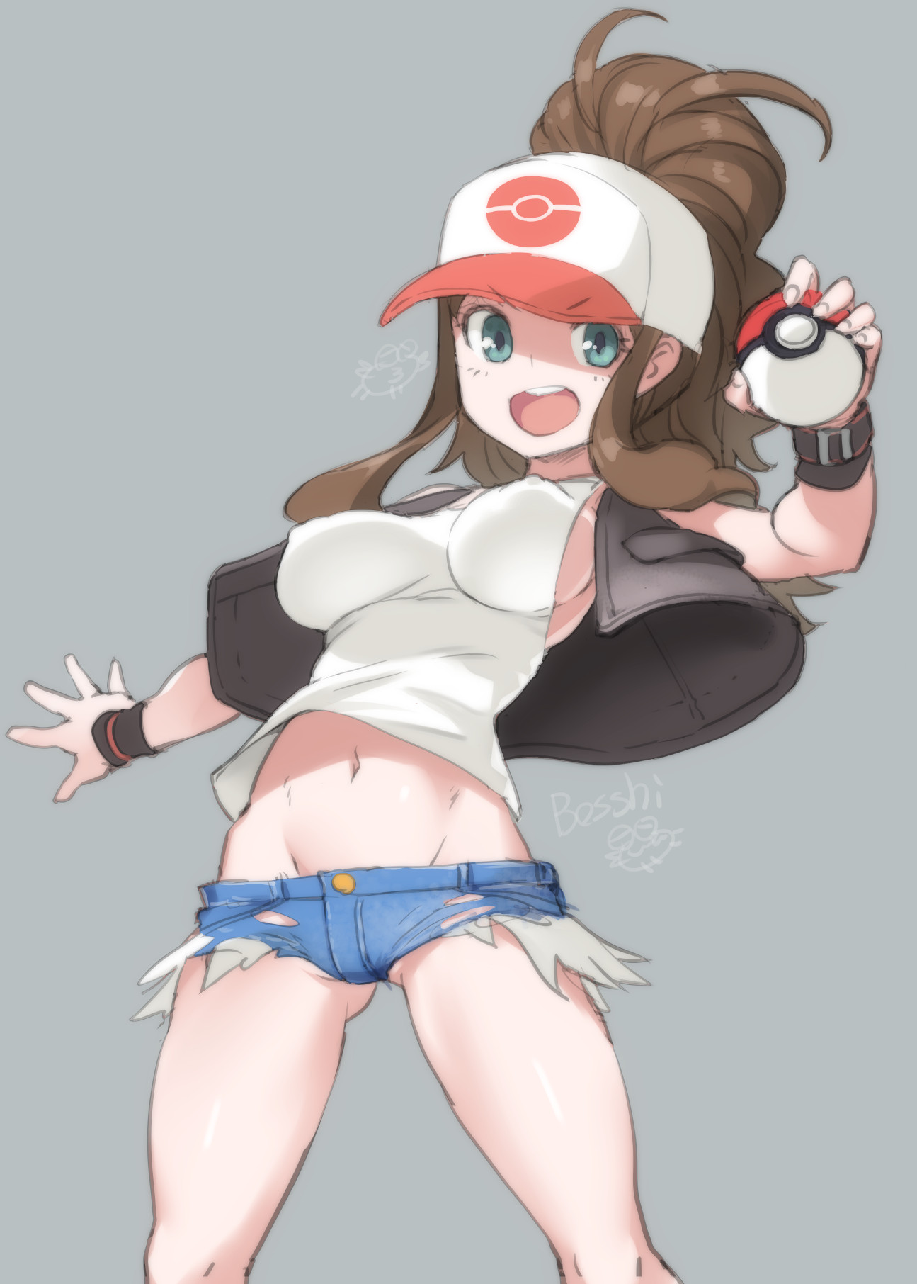 bosshi, hilda (pokemon), nintendo, pokemon, pokemon bw, highres, 1girl, baseball cap, blue eyes, breasts, brown hair, denim, denim shorts, hat, large breasts, long hair, open mouth, ponytail, shirt, shorts, sidelocks, smile, vest