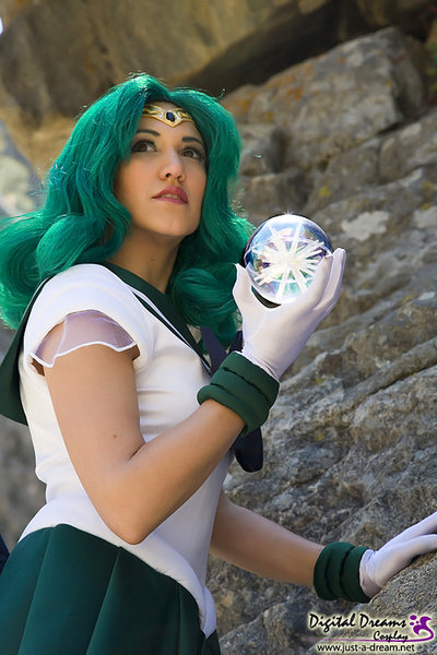 kaiou michiru, sailor neptune, bishoujo senshi sailor moon, photo (medium), cosplay, curly hair, green hair, long hair, school uniform, serafuku
