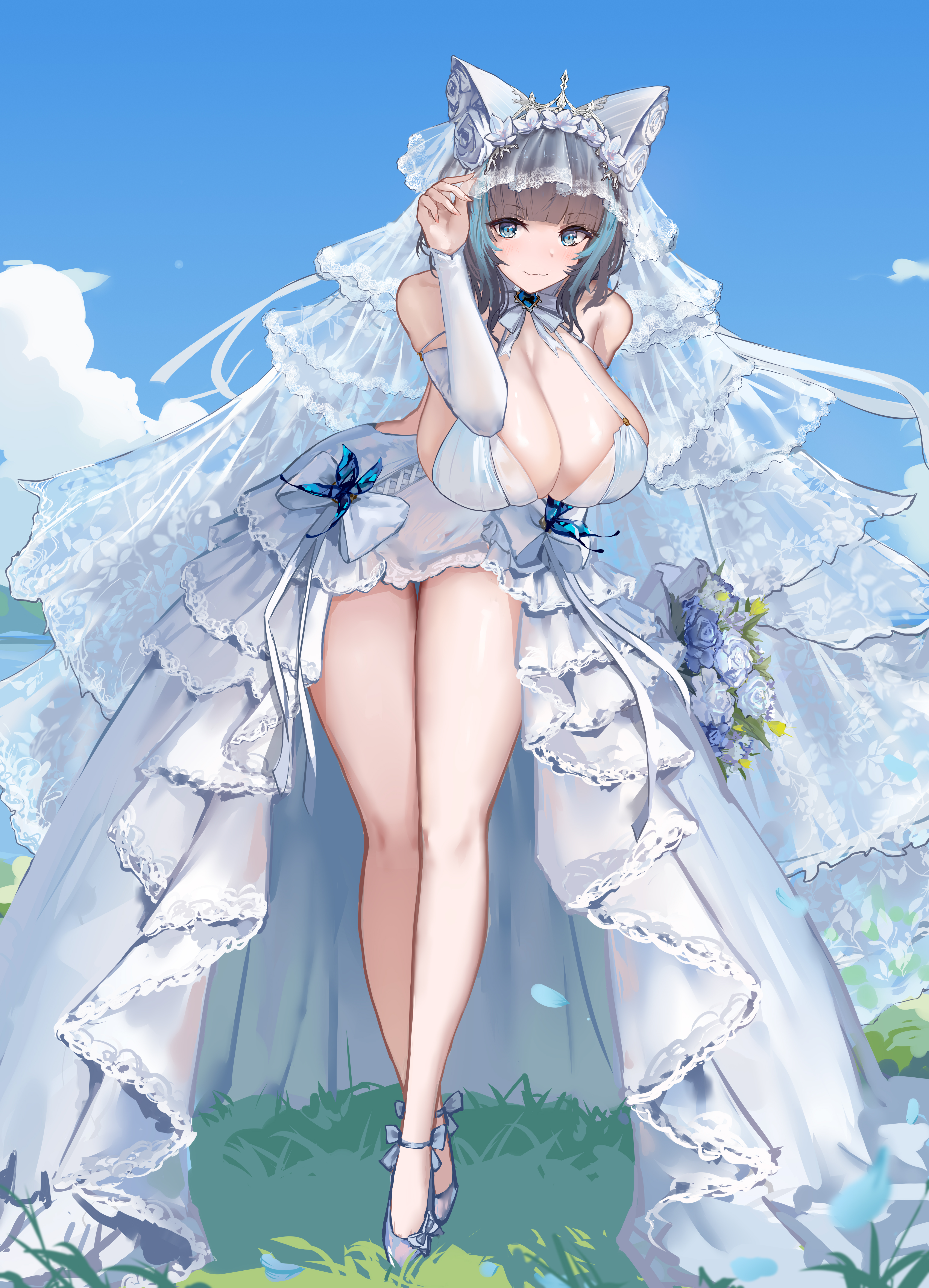 huijin zhi ling, cheshire (azur lane), cheshire (white seaside melody) (azur lane), azur lane, absurdres, chinese commentary, commentary request, highres, 1girl, alternate breast size (larger), animal ears, aqua streaks, bare shoulders, blue eyes, blue flower, blue rose, blue sky, bouquet, breasts, bridal gauntlets, bridal veil, cleavage, day, dress, fake animal ears, flower, full body, grey hair, hair flower, hair ornament, holding, holding bouquet, huge breasts, leaning forward, looking at viewer, multicolored hair, official alternate costume, outdoors, rose, showgirl skirt, sky, solo, streaked hair, veil, wedding dress, white bridal gauntlets, white flower, white rose, white veil