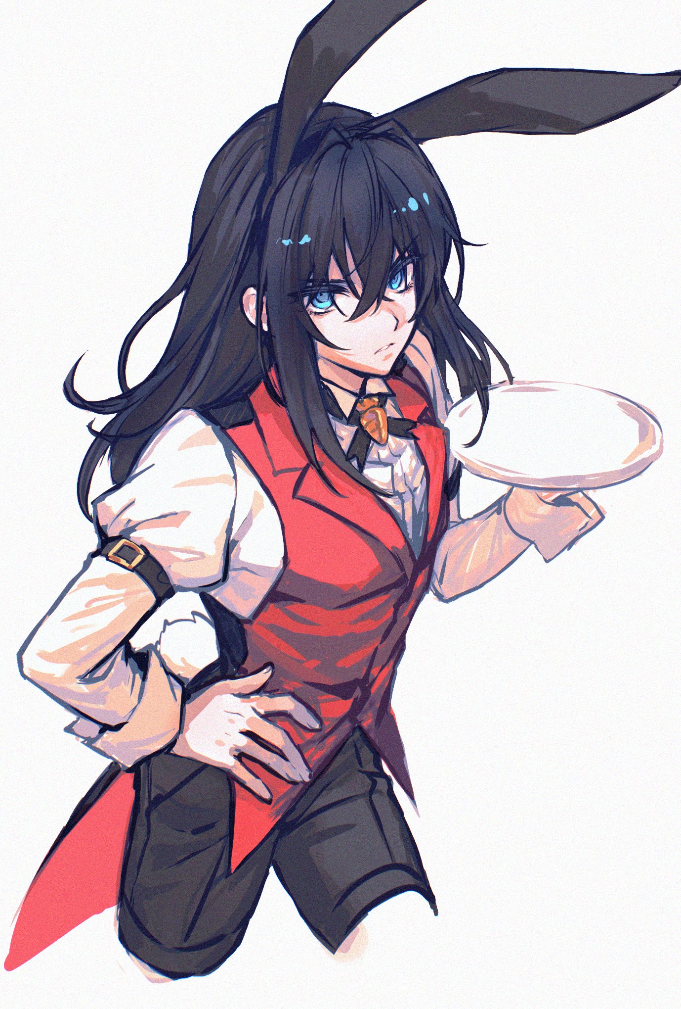 cyacyacyacyaki, n (xenoblade), xenoblade chronicles (series), xenoblade chronicles 3, commentary request, highres, 1boy, alternate costume, animal ears, black hair, black pants, blue eyes, butler, closed mouth, fake animal ears, hair between eyes, holding, holding plate, long hair, looking at viewer, male focus, pants, plate, rabbit ears, simple background, solo, white background