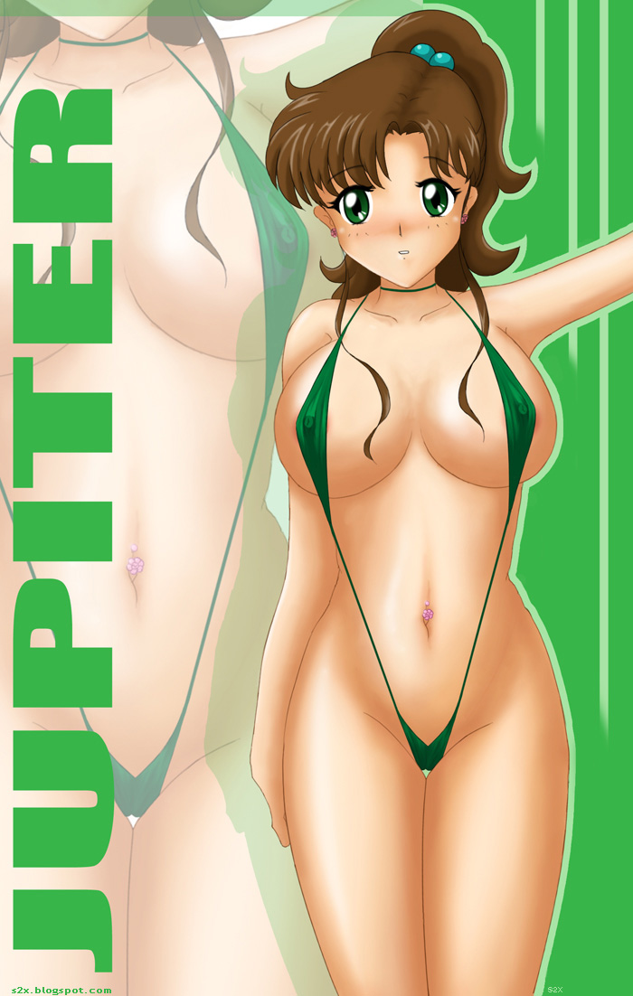 s2x, kino makoto, bishoujo senshi sailor moon, blush, brown hair, cameltoe, green eyes, long hair, navel piercing, nipples, piercing, ponytail, slingshot swimsuit, swimsuit