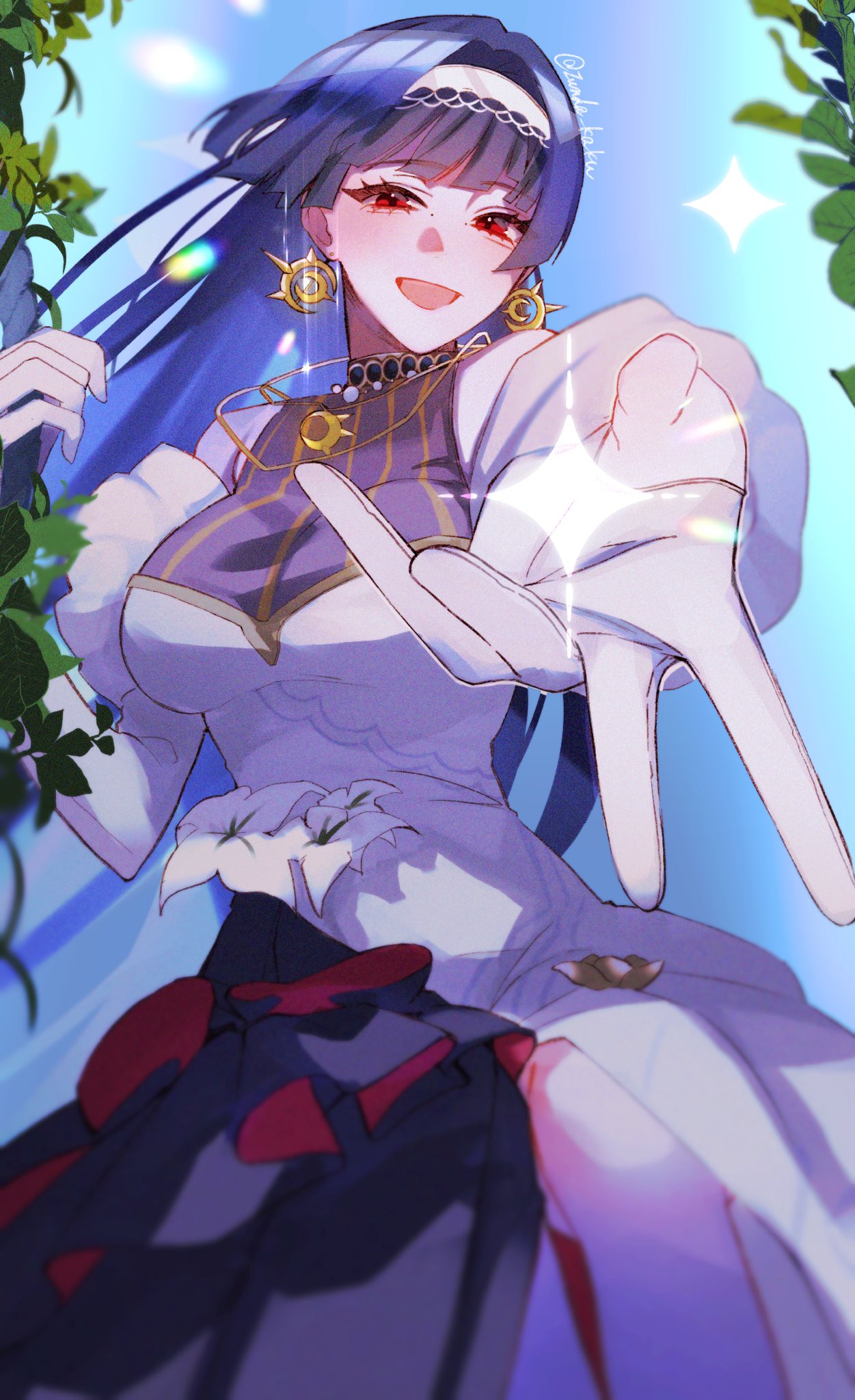 zunda kaku, astra yao, zenless zone zero, commentary request, highres, 1girl, black hair, blue background, breasts, collar, dress, earrings, flower, flower swing, gloves, gold earrings, hairband, jewelry, long hair, looking at viewer, mole, necklace, open mouth, red eyes, solo, sparkle, twitter username, uneven bangs, white dress, white flower, white gloves, white hairband