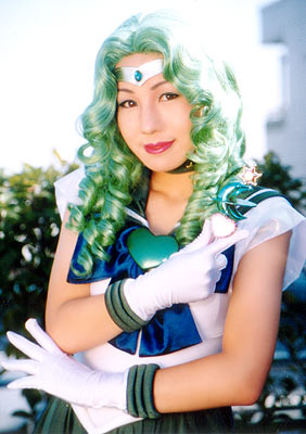 kaiou michiru, sailor neptune, bishoujo senshi sailor moon, lowres, photo (medium), asian, cosplay, curly hair, green hair, school uniform, serafuku, wand