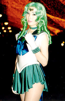 kaiou michiru, sailor neptune, bishoujo senshi sailor moon, lowres, photo (medium), asian, cosplay, green hair, long hair, school uniform, serafuku