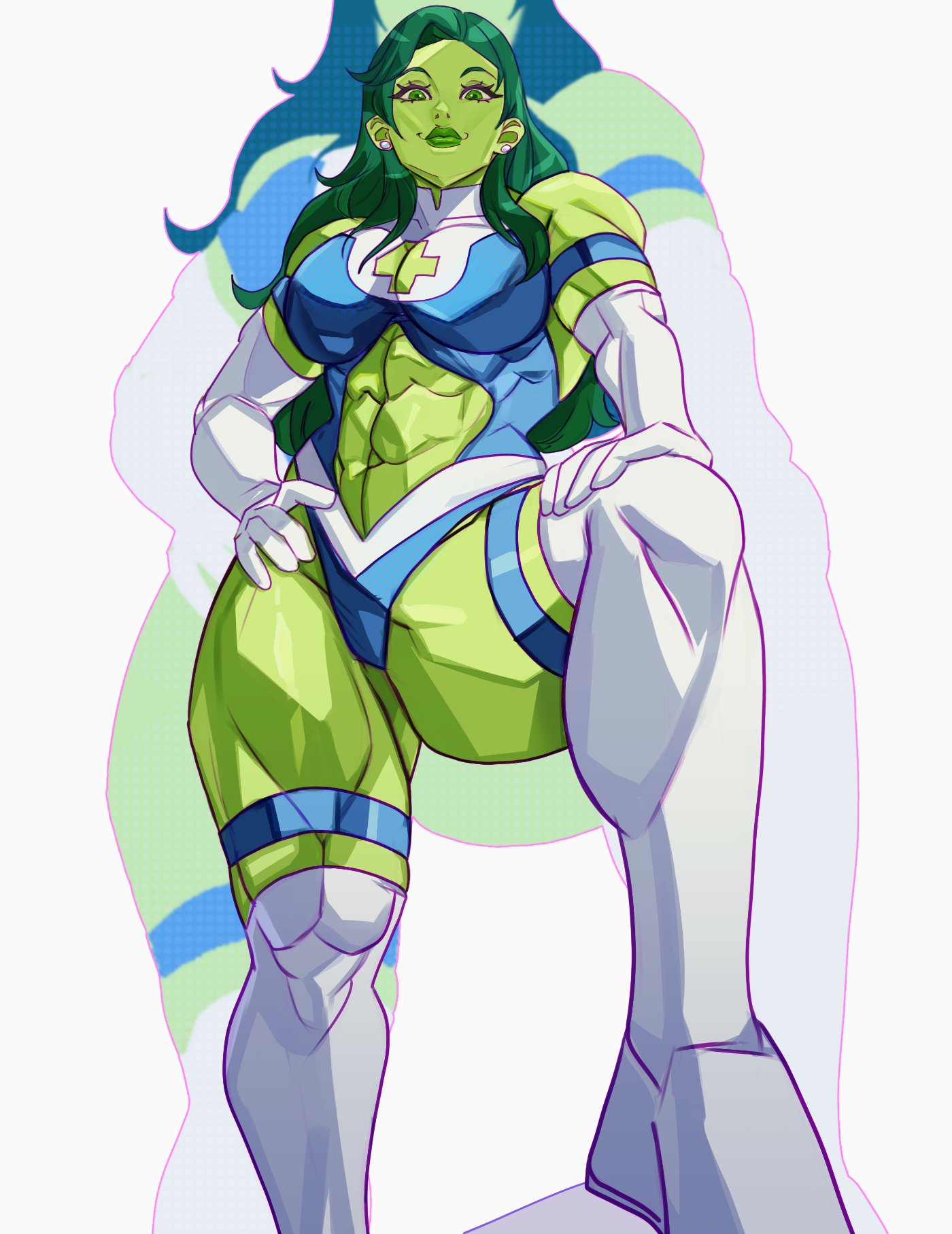 dlusional, jennifer walters, she-hulk, fantastic four, marvel, commentary, highres, 1girl, abs, bare shoulders, blue leotard, breasts, closed mouth, colored skin, earrings, elbow gloves, english text, gloves, green eyes, green hair, green lips, green skin, hand on own hip, hand on own leg, jewelry, large breasts, leotard, long hair, looking at viewer, muscular, muscular female, smile, solo, stud earrings, superhero costume, white gloves