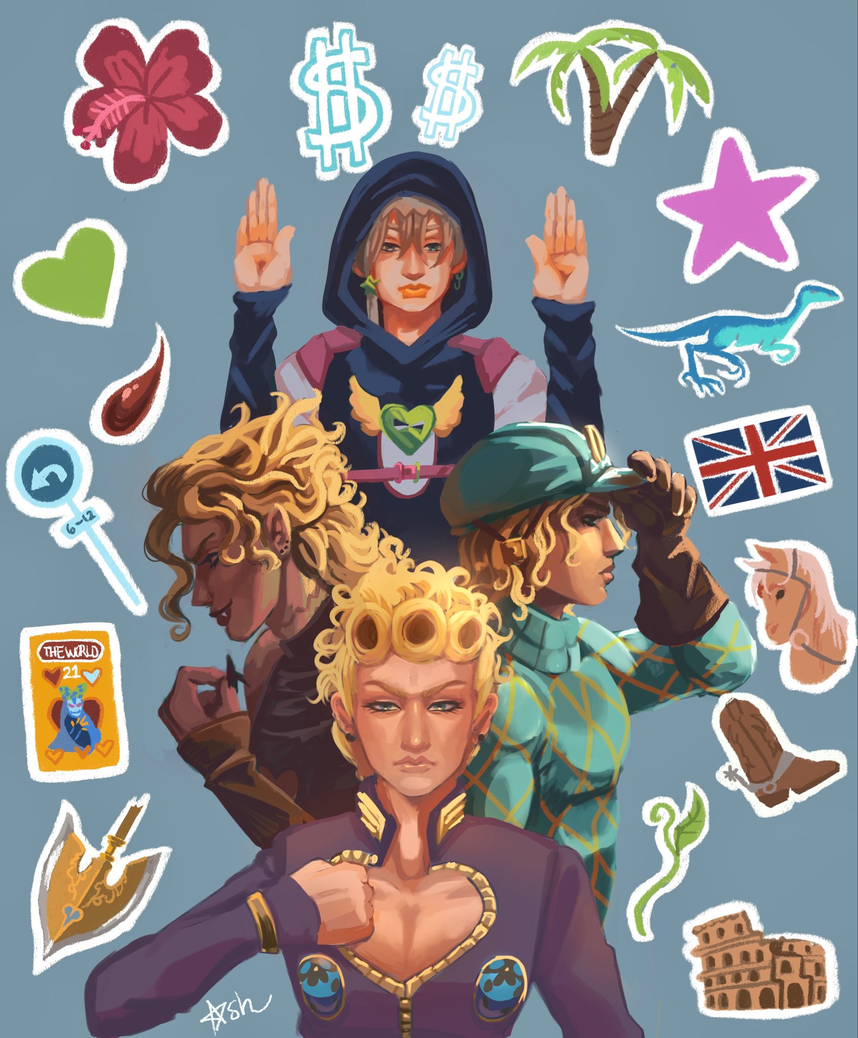 diego brando, dio brando, giorno giovanna, jodio joestar, johnny joestar, silver bullet (jojo), jojo no kimyou na bouken, steel ball run, stone ocean, the jojolands, vento aureo, highres, 4boys, adjusting clothes, adjusting headwear, aqua helmet, aqua sweater, argyle clothes, argyle sweater, arrow (jojo), ashylotl, black shirt, blonde hair, braid, brown gloves, cleavage cutout, clothing cutout, colosseum, curly hair, dinosaur, ear birthmark, earrings, flower, giorno giovanna's pose, gloves, green eyes, grey hair, grey shirt, hair between eyes, hair ornament, hands up, heart ornament, helmet, high collar, hood, hood up, hooded overalls, horse, jacket, jewelry, jodio joestar's pose, jojo pose, ladybug ornament, long bangs, male focus, multiple boys, palm tree, purple jacket, scar, scar on neck, shirt, signature, spurs, star (symbol), star hair ornament, sticker, sweater, tree, turtleneck, turtleneck sweater, union jack, weapon, wing ornament, wristband