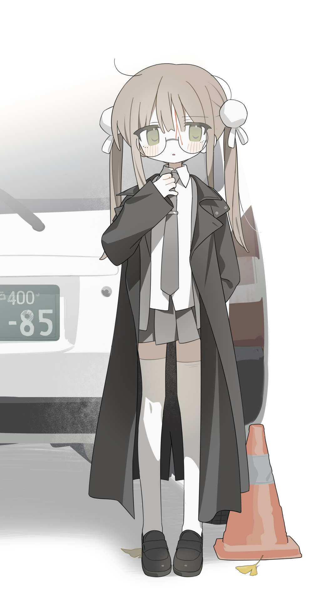 daizu (melon-lemon), original, highres, 1girl, adjusting clothes, adjusting necktie, black coat, black shoes, blood, blood on face, brown hair, car, coat, collared shirt, full body, glasses, grey necktie, grey skirt, hair ornament, loafers, long hair, long sleeves, looking at viewer, miniskirt, motor vehicle, necktie, pleated skirt, shirt, shoes, skirt, solo, standing, thighhighs, traffic cone, twintails, white shirt, white thighhighs, zettai ryouiki