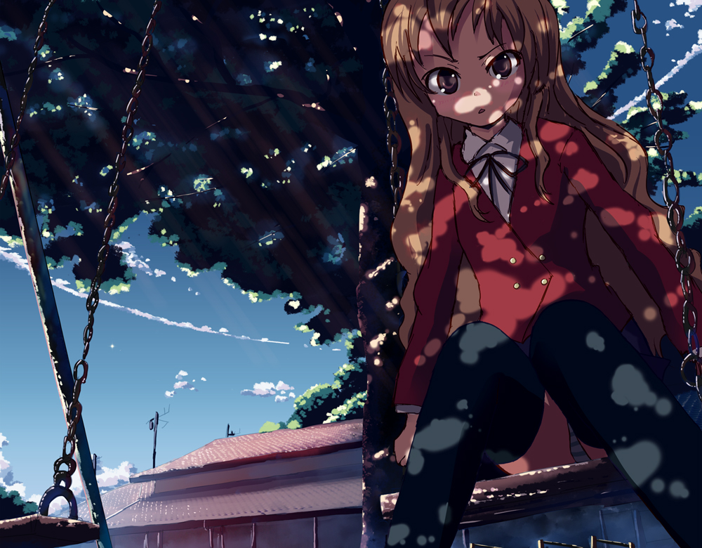 rakynet, yakkun, aisaka taiga, toradora!, 00s, 1girl, black thighhighs, blouse, brown eyes, brown hair, collared shirt, dappled sunlight, female focus, light rays, long hair, on swing, panties, pantyshot, school uniform, shade, shirt, sitting, solo, striped clothes, striped panties, sunbeam, sunlight, swing, thighhighs, tree, tree shade, underwear, white shirt