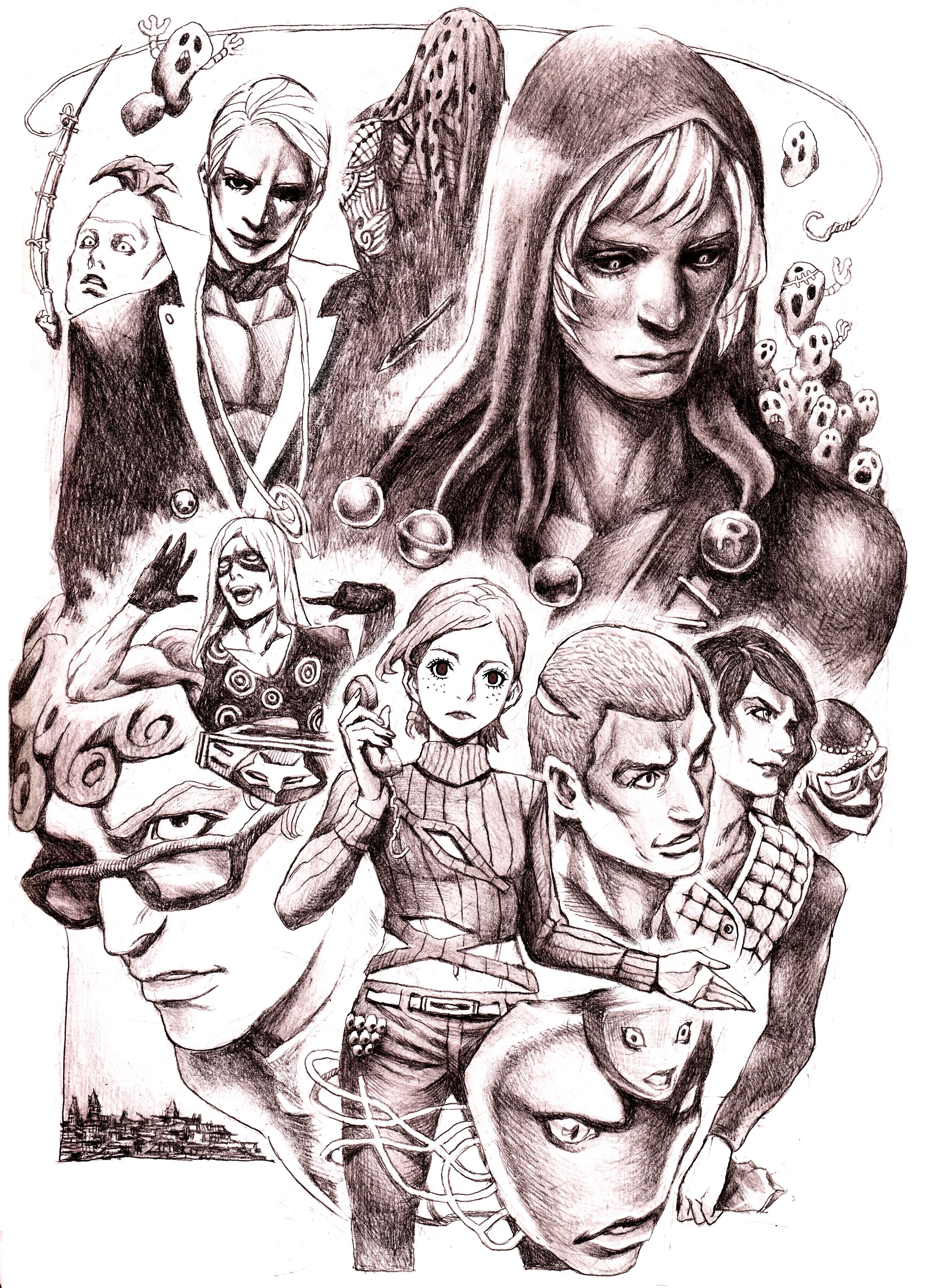 nobita (makoto7060355), beach boy (stand), diavolo, formaggio, ghiaccio, illuso, king crimson (stand), man in the mirror (stand), melone, metallica (stand), pesci, prosciutto (jojo), risotto nero, vinegar doppio, jojo no kimyou na bouken, vento aureo, absurdres, highres, traditional media, 1girl, 6+boys, black sclera, colored sclera, fishing rod, monochrome, multiple boys, purple theme, simple background, stand (jojo), white background
