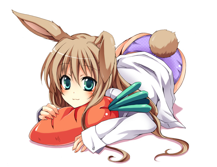 kubyou azami, original, 1girl, :3, animal ears, aqua eyes, brown hair, carrot, female focus, panties, rabbit ears, rabbit tail, solo, tail, underwear