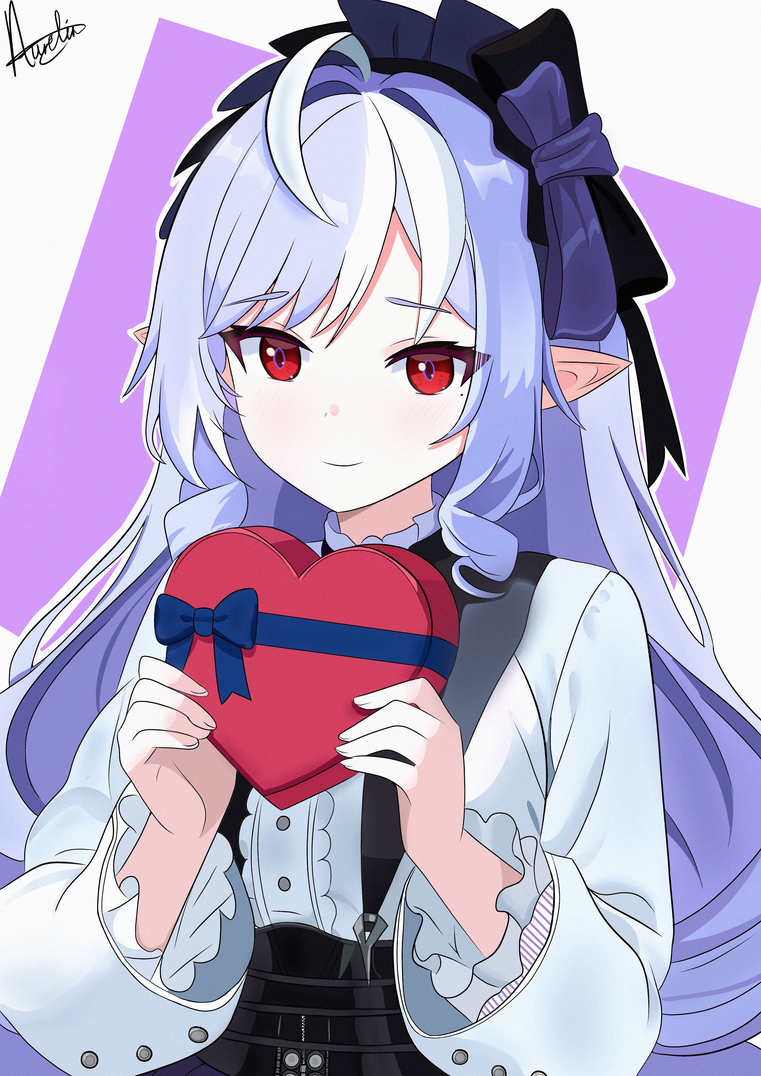 aurelia88, vivian banshee, zenless zone zero, absurdres, commentary, commission, highres, 1girl, ahoge, black skirt, blue bow, blue hair, blush, bow, box, center frills, closed mouth, eyelashes, film grain, frills, gift, hair bow, hair intakes, hands up, heart-shaped box, holding, holding gift, long hair, long sleeves, looking at viewer, mole, mole under eye, multicolored hair, outline, pointy ears, purple background, purple bow, red eyes, shirt, sidelocks, signature, simple background, skirt, smile, solo, streaked hair, suspender skirt, suspenders, two-tone background, upper body, very long hair, wavy ends, white background, white hair, white outline, white shirt, wide sleeves