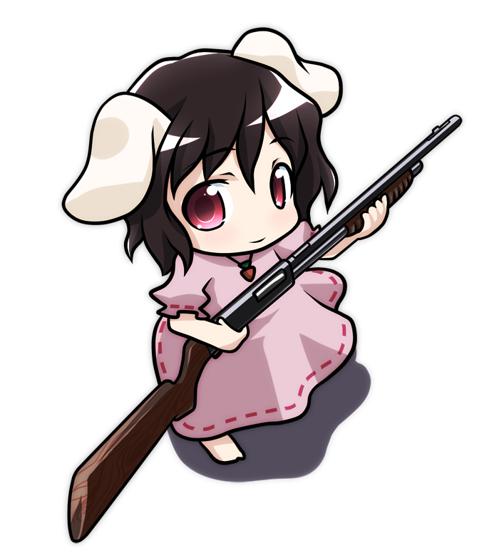 kusaba, kusaba (kusabashiki), inaba tewi, touhou, 1girl, animal ears, black hair, chibi, female focus, gun, rabbit ears, red eyes, short hair, shotgun, solo, weapon