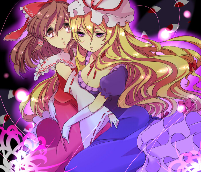 chigo, hakurei reimu, yakumo yukari, touhou, 2girls, blonde hair, bow, breasts, cleavage, detached sleeves, female focus, gloves, hair bow, hat, japanese clothes, long hair, miko, mob cap, multiple girls, multiple hair bows, purple eyes, white hat