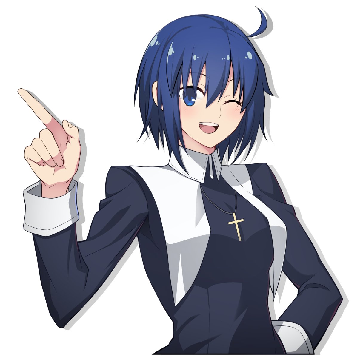 hirakawa, ciel (tsukihime), tsukihime, highres, 1girl, black dress, blue eyes, blue hair, breasts, dress, nun, one eye closed, open mouth, short hair, simple background, smile, solo, upper body, white background