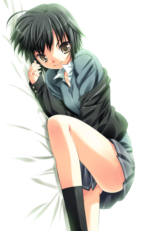 hoshizaki hikaru, nanasaki ai, amagami, lying, miniskirt, on side, school uniform, short hair, skirt, smile, socks, solo