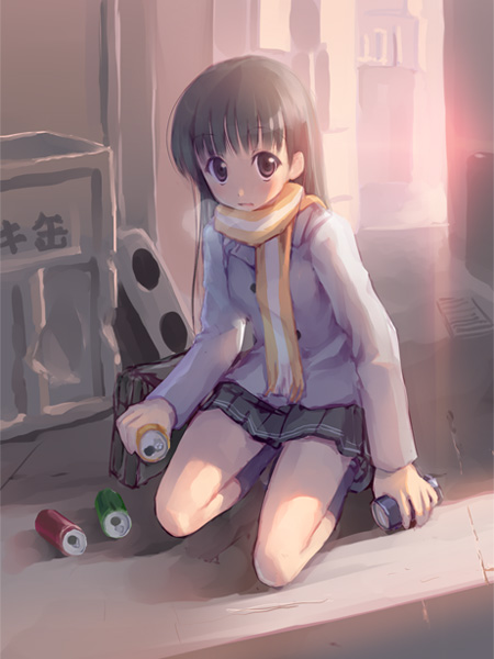 takoyaki (roast), ayatsuji tsukasa, amagami, 1girl, black hair, can, female focus, long hair, scarf, skirt, solo