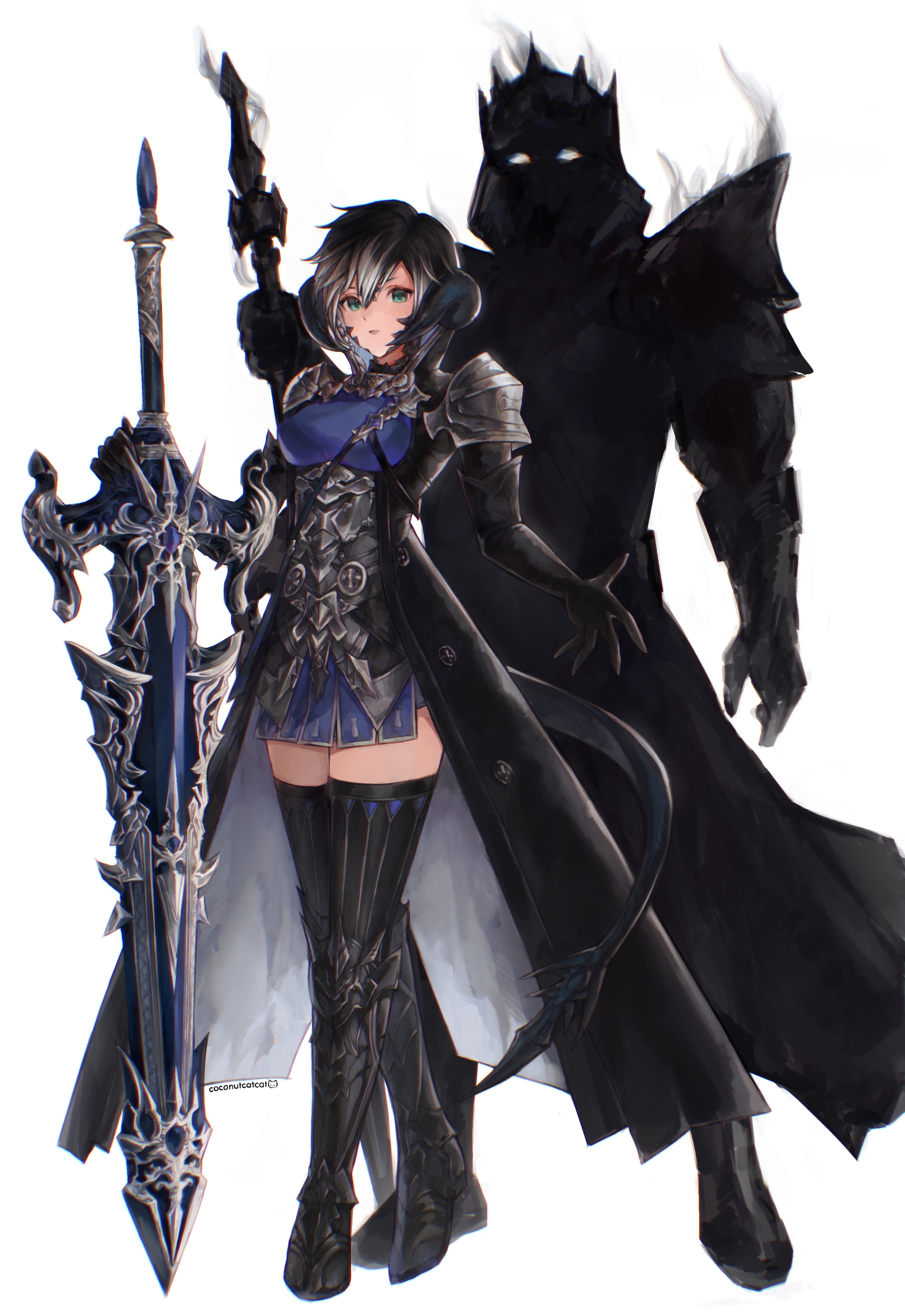 coconutcatcat, dark knight (final fantasy), fray myste, warrior of light (ff14), final fantasy, final fantasy xiv, absurdres, commentary, commission, english commentary, highres, 1girl, 1other, ambiguous gender, armor, armored boots, armored skirt, artist name, au ra, behind another, black coat, black gloves, black hair, black scales, boots, coat, crossed legs, dragon girl, dragon horns, dragon tail, elbow gloves, eyed silhouette, freckles, full body, gloves, glowing, glowing eyes, greatsword, hair between eyes, holding, holding sword, holding weapon, horns, looking at viewer, multicolored hair, open clothes, open coat, open hand, pauldrons, short hair, shoulder armor, shoulder belt, signature, silhouette, simple background, standing, streaked hair, sword, tail, thigh boots, weapon, white background, white streaks