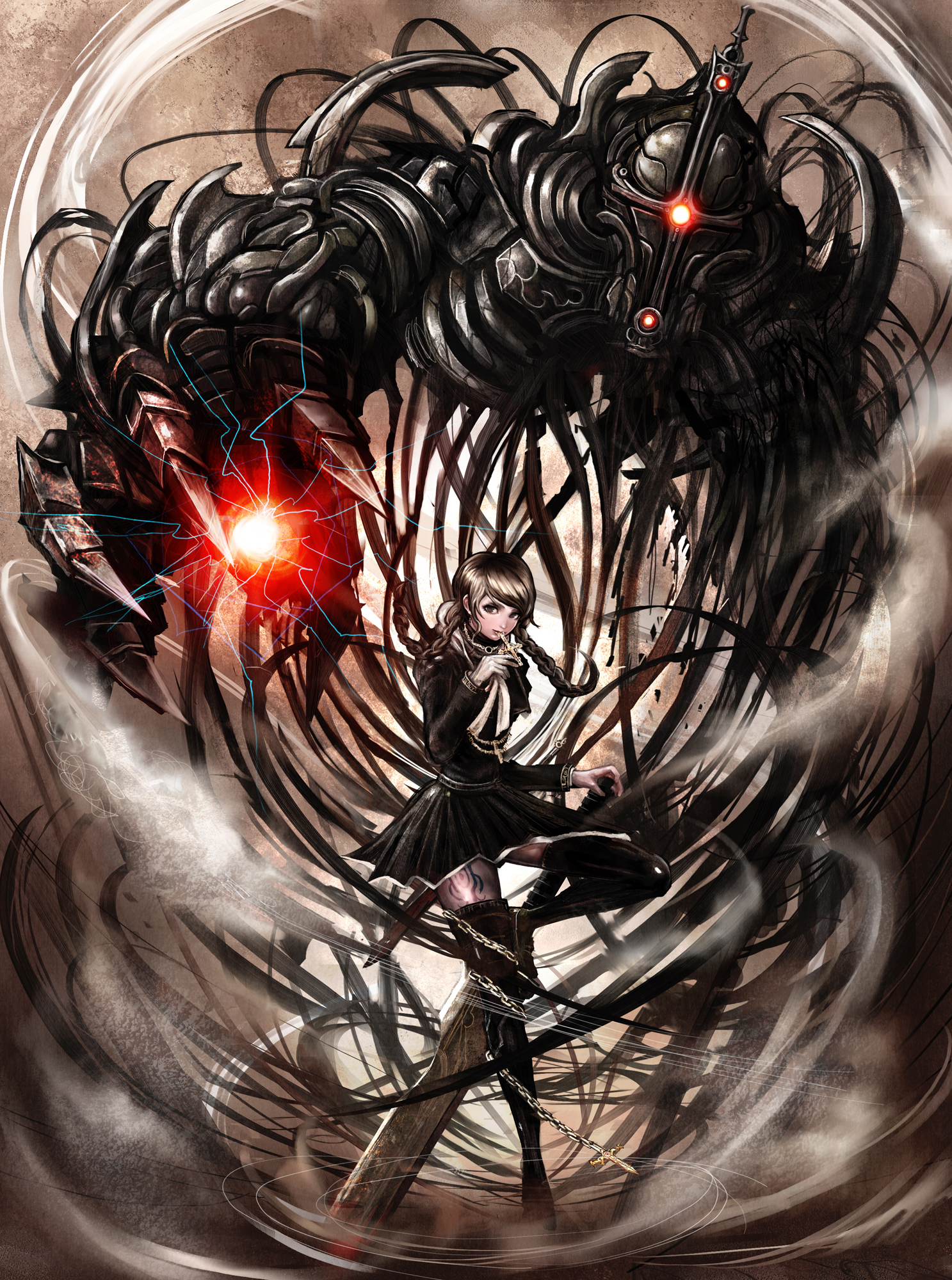 komatsuzaki rui, original, bad id, bad pixiv id, highres, 1girl, braid, chain, claws, creature, cross, cross necklace, glowing, glowing eyes, jewelry, long hair, looking at viewer, monster, necklace, sword, thighhighs, twin braids, weapon
